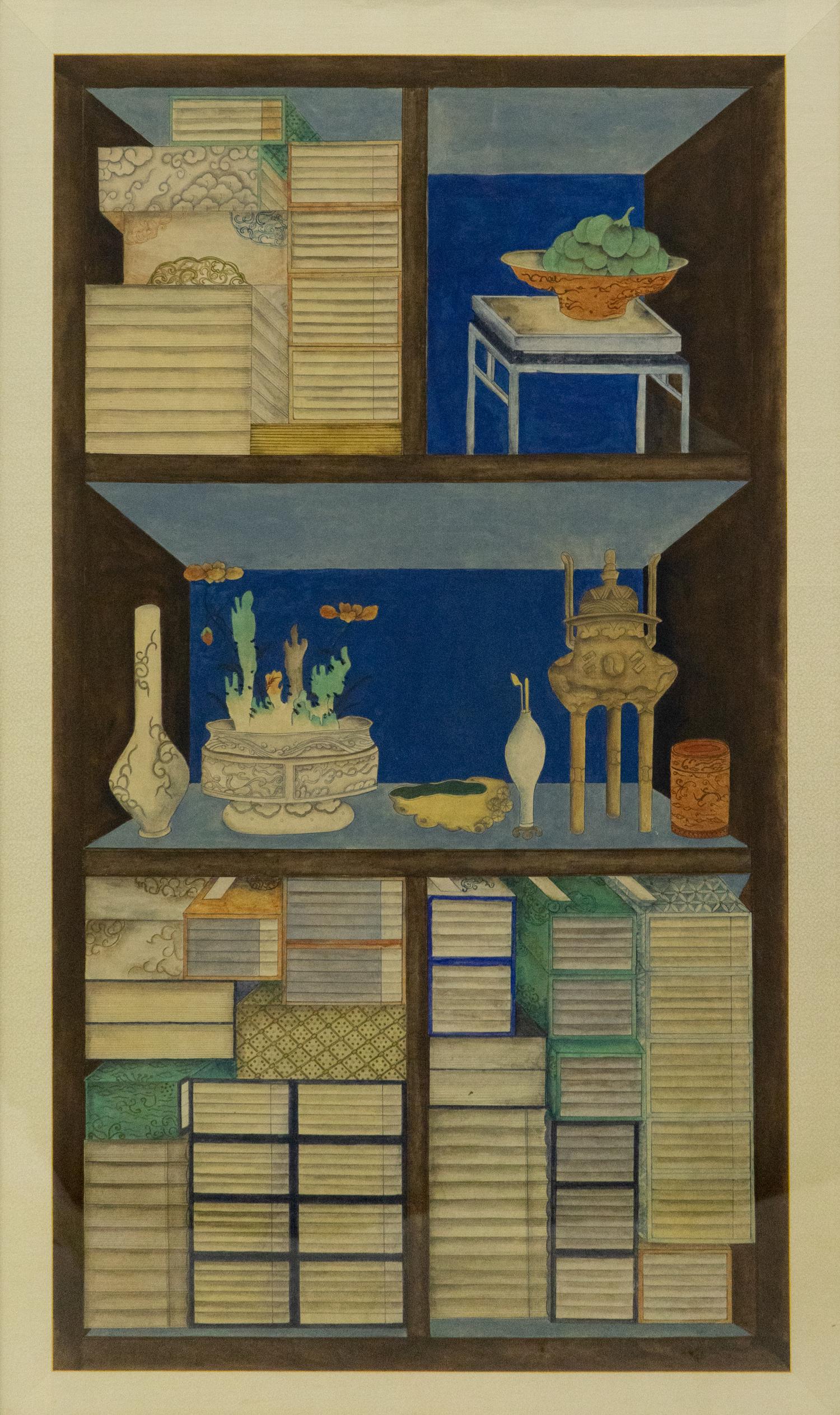 A Pair of Korean Books and Scholars’ Accoutrements (Chaekgeori) Paintings, Joseon Period, 19th Century 十九世紀 朝鮮王朝《冊架圖》兩幅