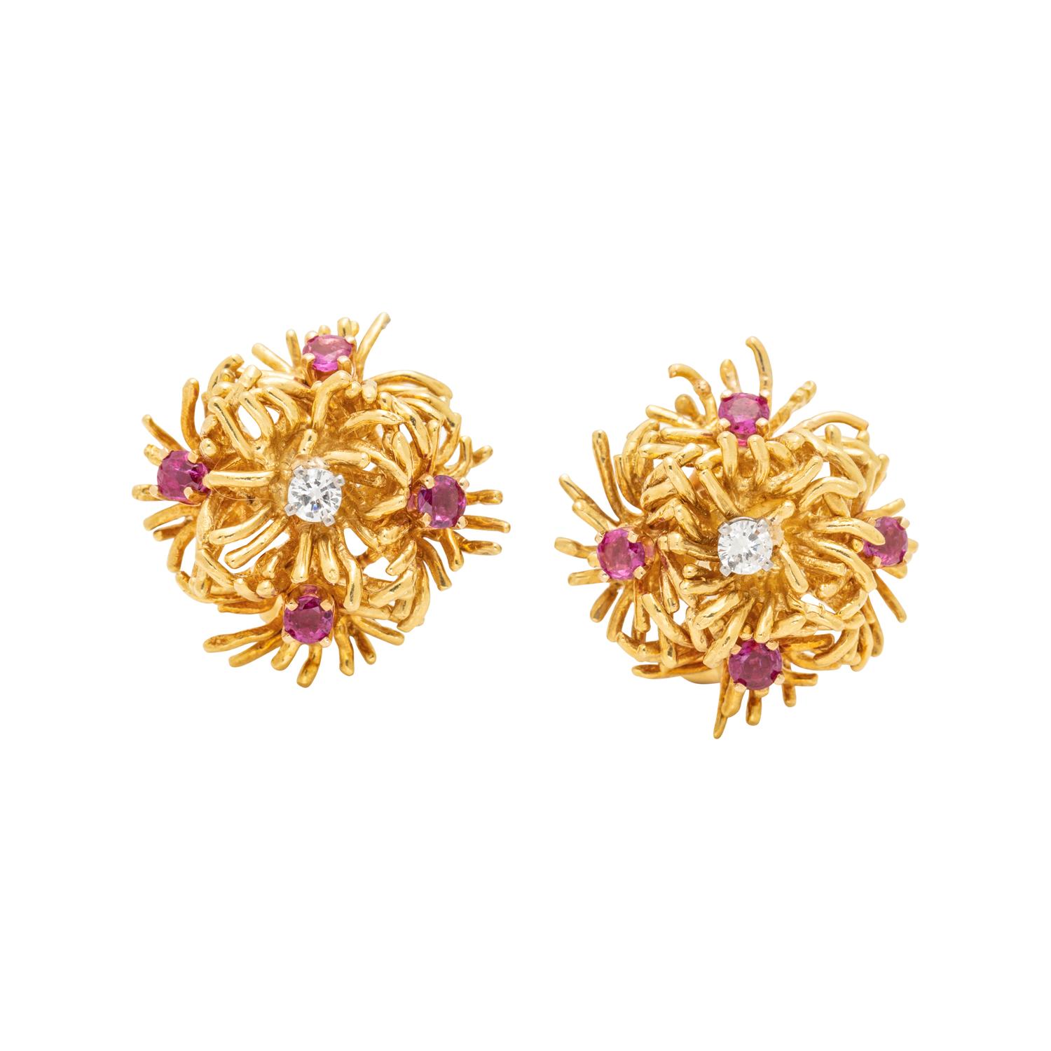 YELLOW GOLD, RUBY AND DIAMOND CLIP EARRINGS