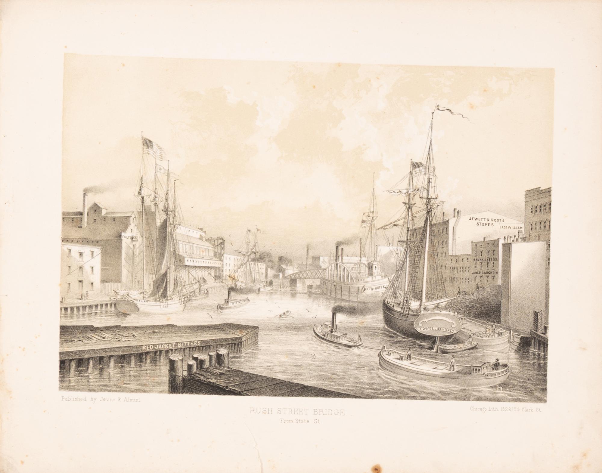 [Chicago Fire]. A group of 10 prints and 2 paintings, showing views of Chicago before and after the Great Fire, including: