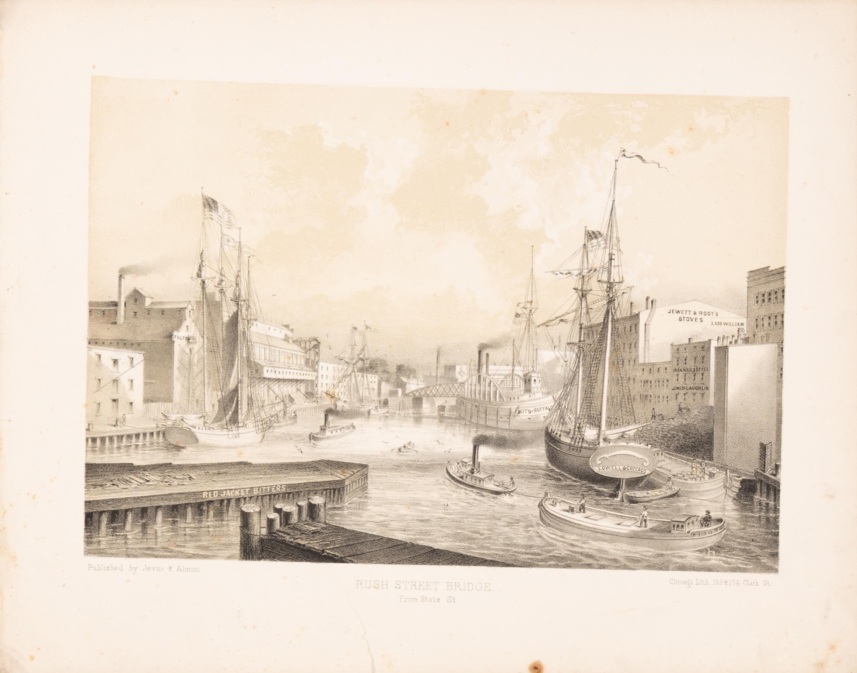 [Chicago Fire]. A group of 10 prints and 2 paintings, showing views of Chicago before and after the Great Fire, including: