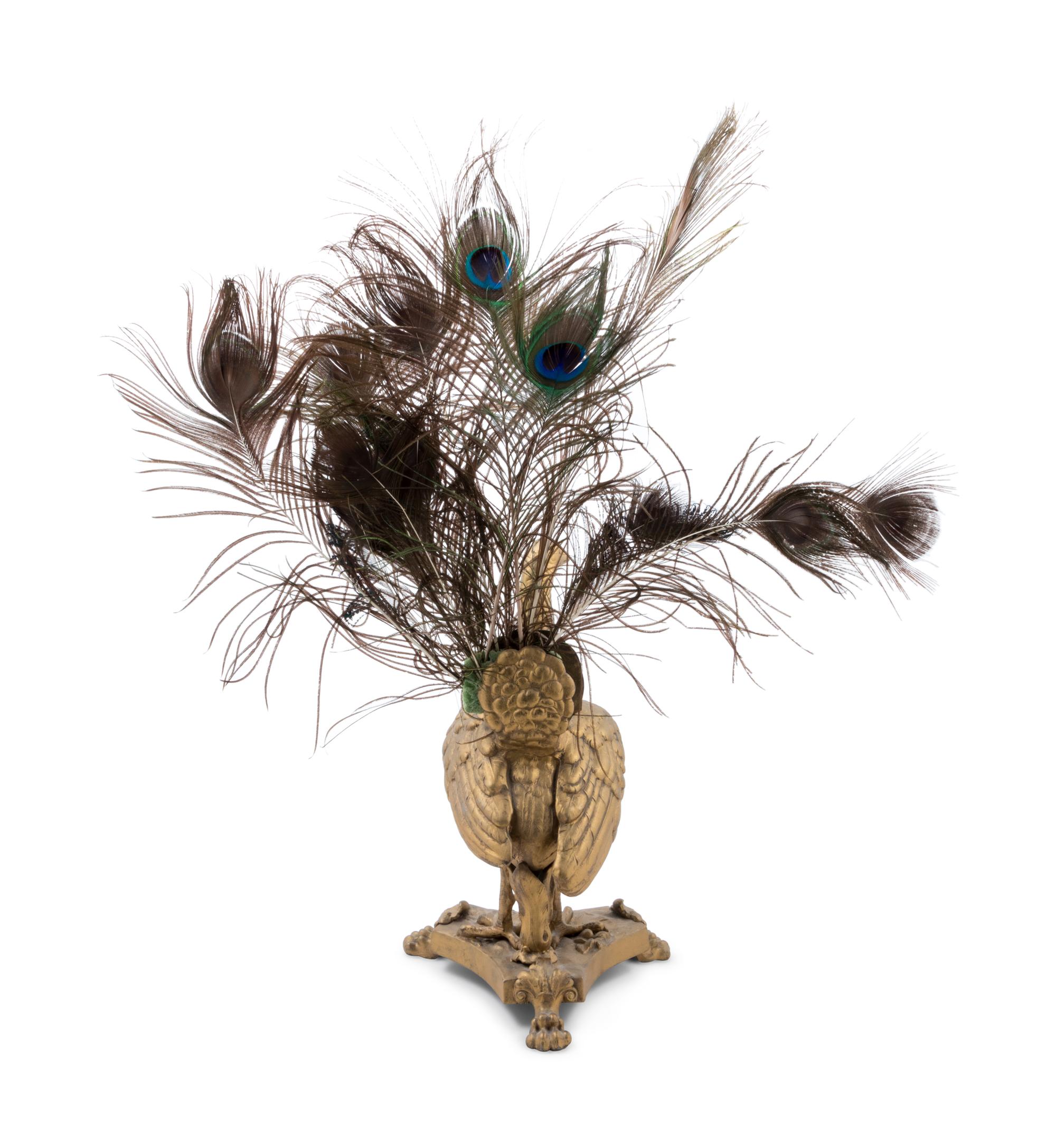A Neoclassical Gilt Metal and Feathered Peacock Table Lamp