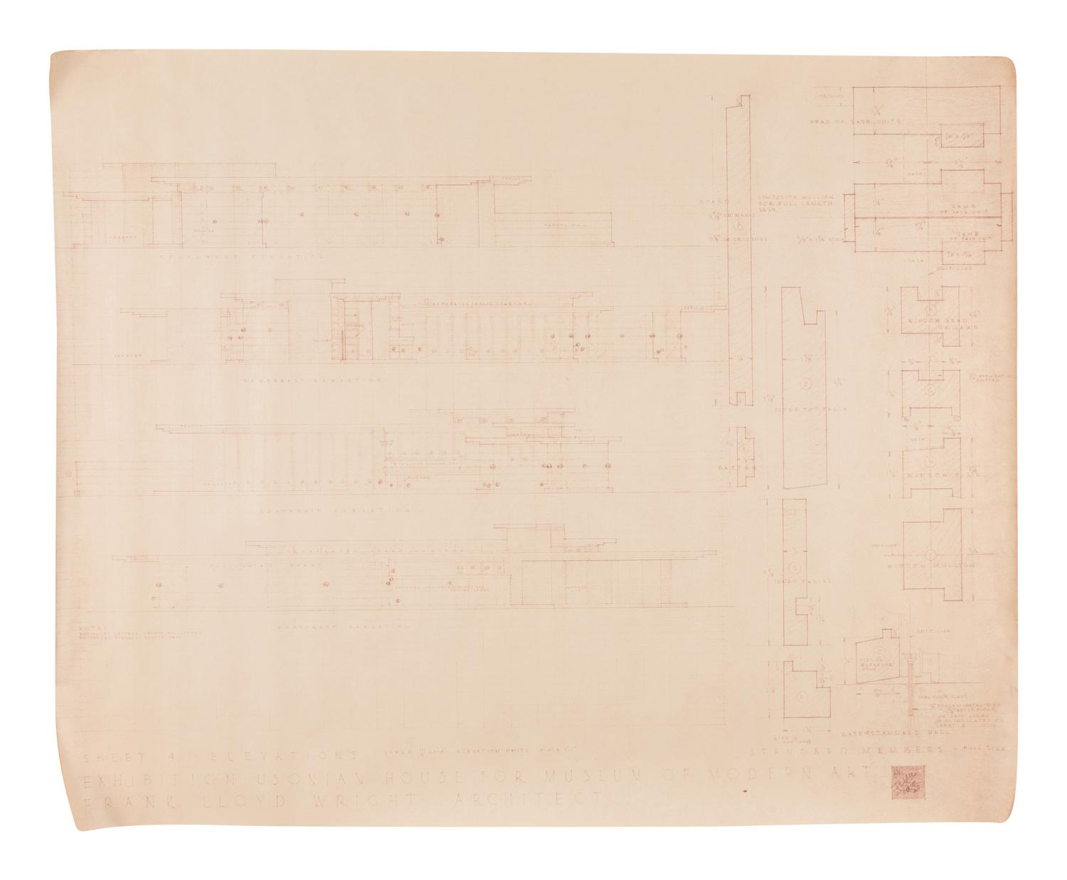 [FRANK LLOYD WRIGHT]. CARAWAY, Jesse "Carey." A group of architectural drawings, renderings, and blueprints relating to the Vigo Sunt House, San Marco in the Desert, and Usonian House. Comprising: