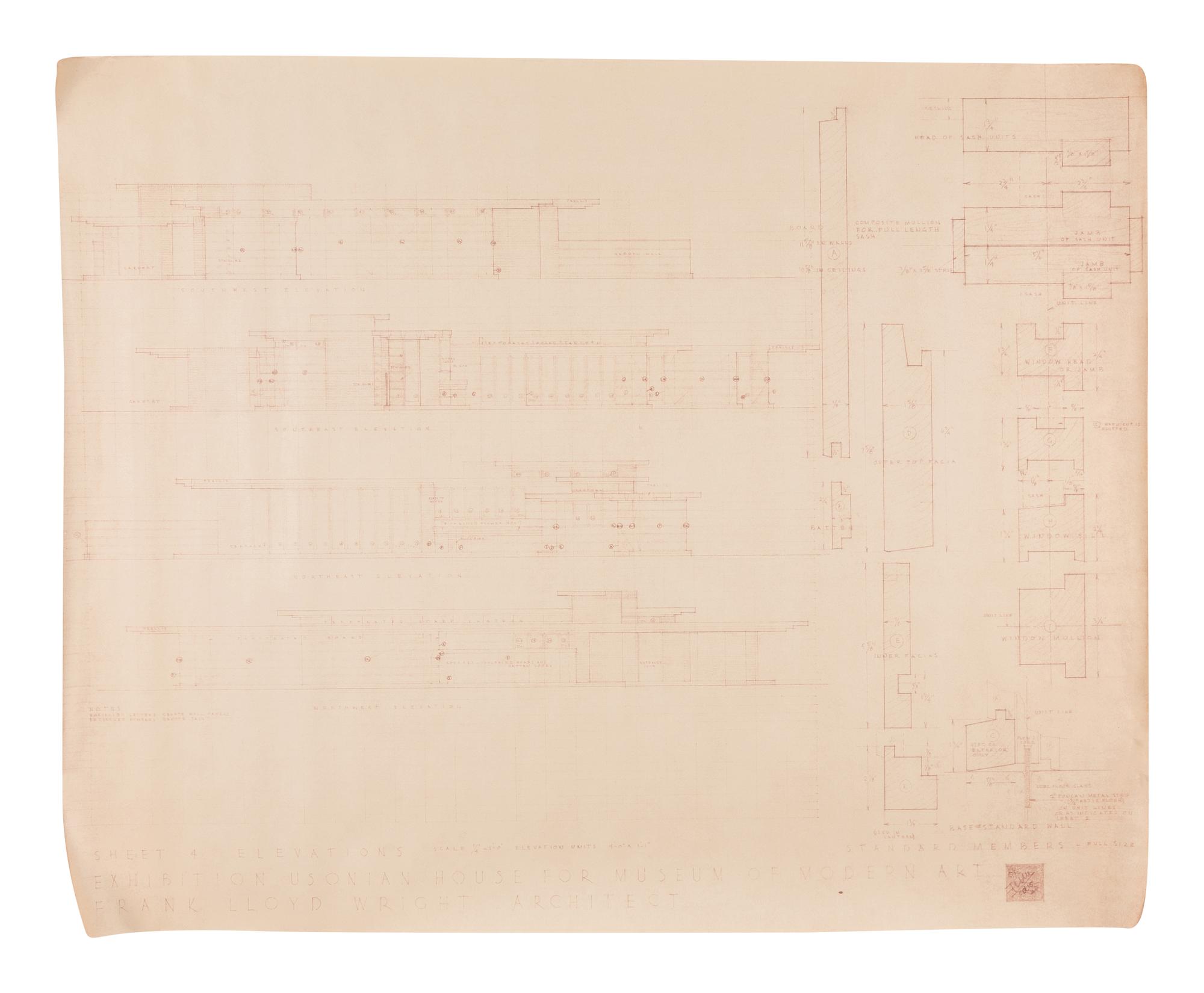 [FRANK LLOYD WRIGHT]. CARAWAY, Jesse "Carey." A group of architectural drawings, renderings, and blueprints relating to the Vigo Sunt House, San Marco in the Desert, and Usonian House. Comprising: