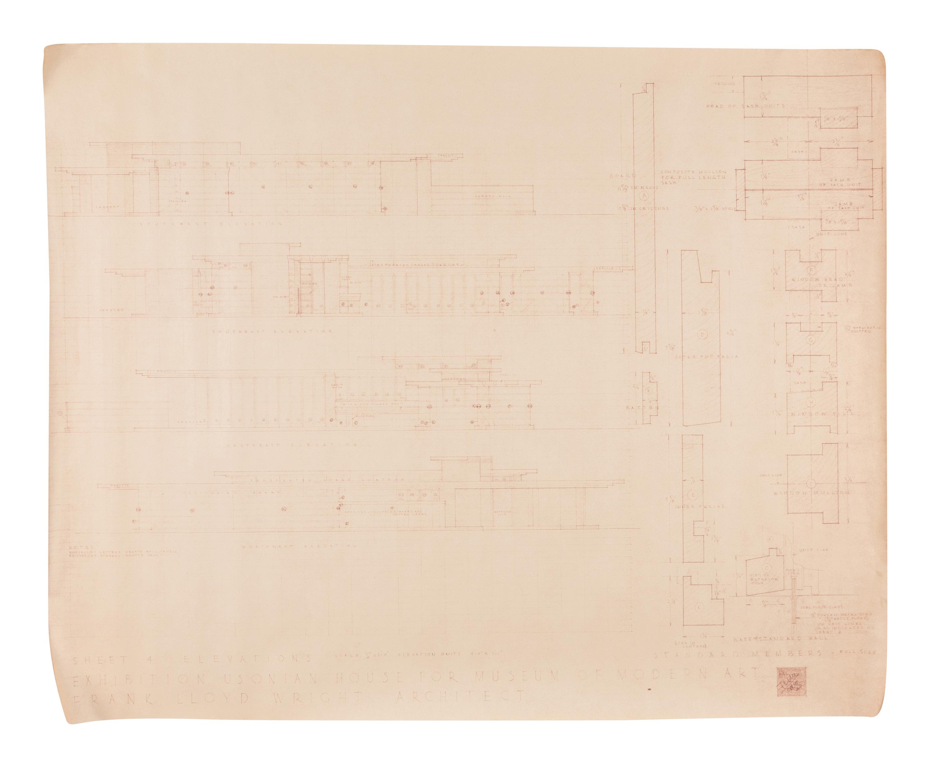 [FRANK LLOYD WRIGHT]. CARAWAY, Jesse "Carey." A group of architectural drawings, renderings, and blueprints relating to the Vigo Sunt House, San Marco in the Desert, and Usonian House. Comprising: