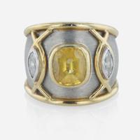 An 18K yellow gold, platinum, yellow sapphire, and diamond ring, Boris LeBeau