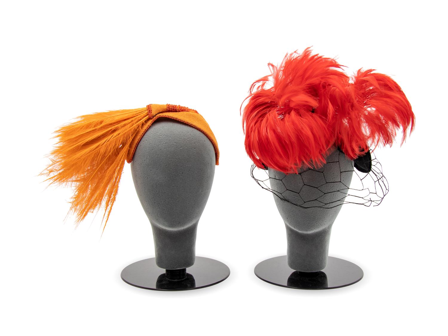 Two Bes-Ben Hats with Feathers; One Red, One Orange, 1940s-1950s