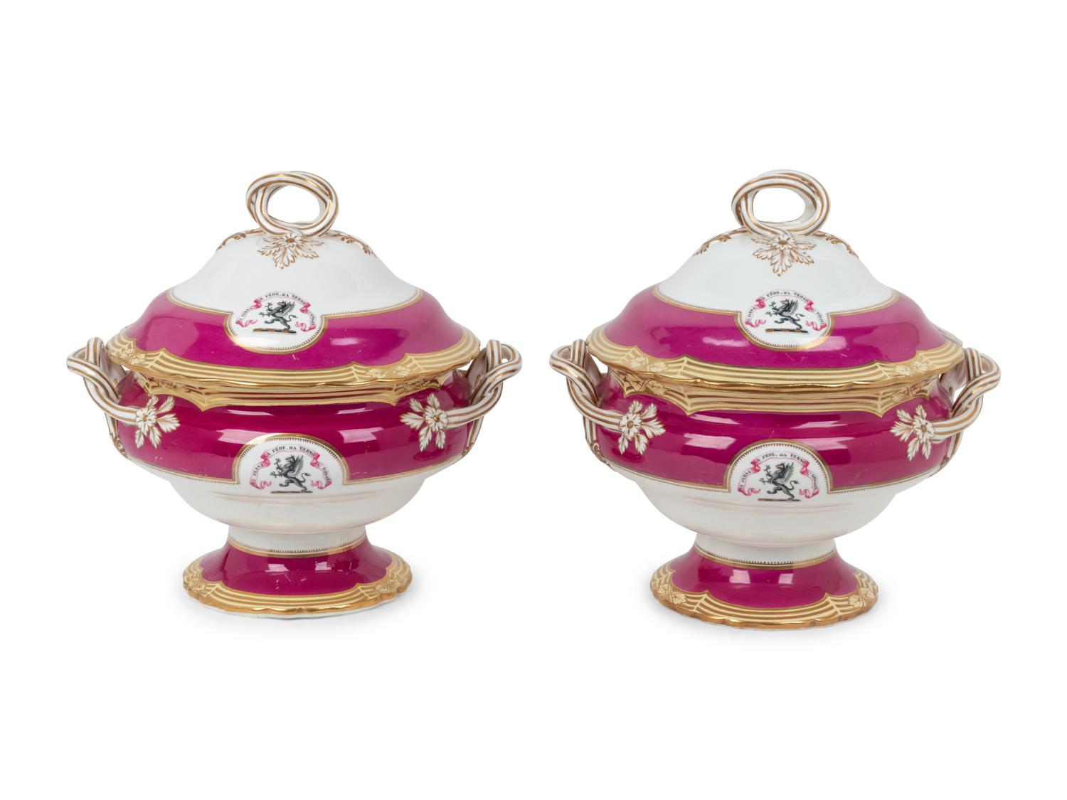 A Pair of English Porcelain Armorial Soup Tureens