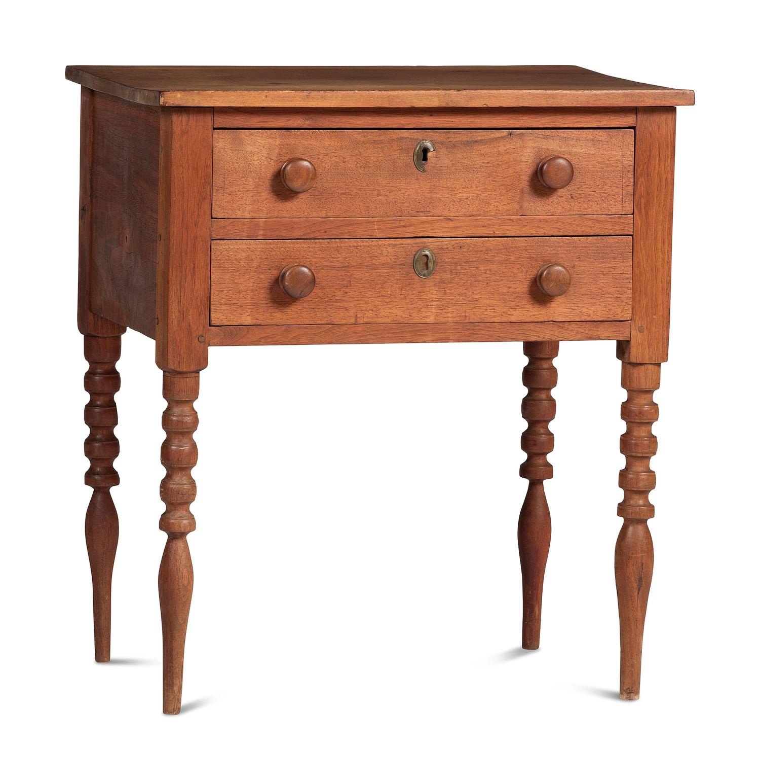 A Country Late Federal Turned Cherrywood and Poplar Two-Drawer Work Table