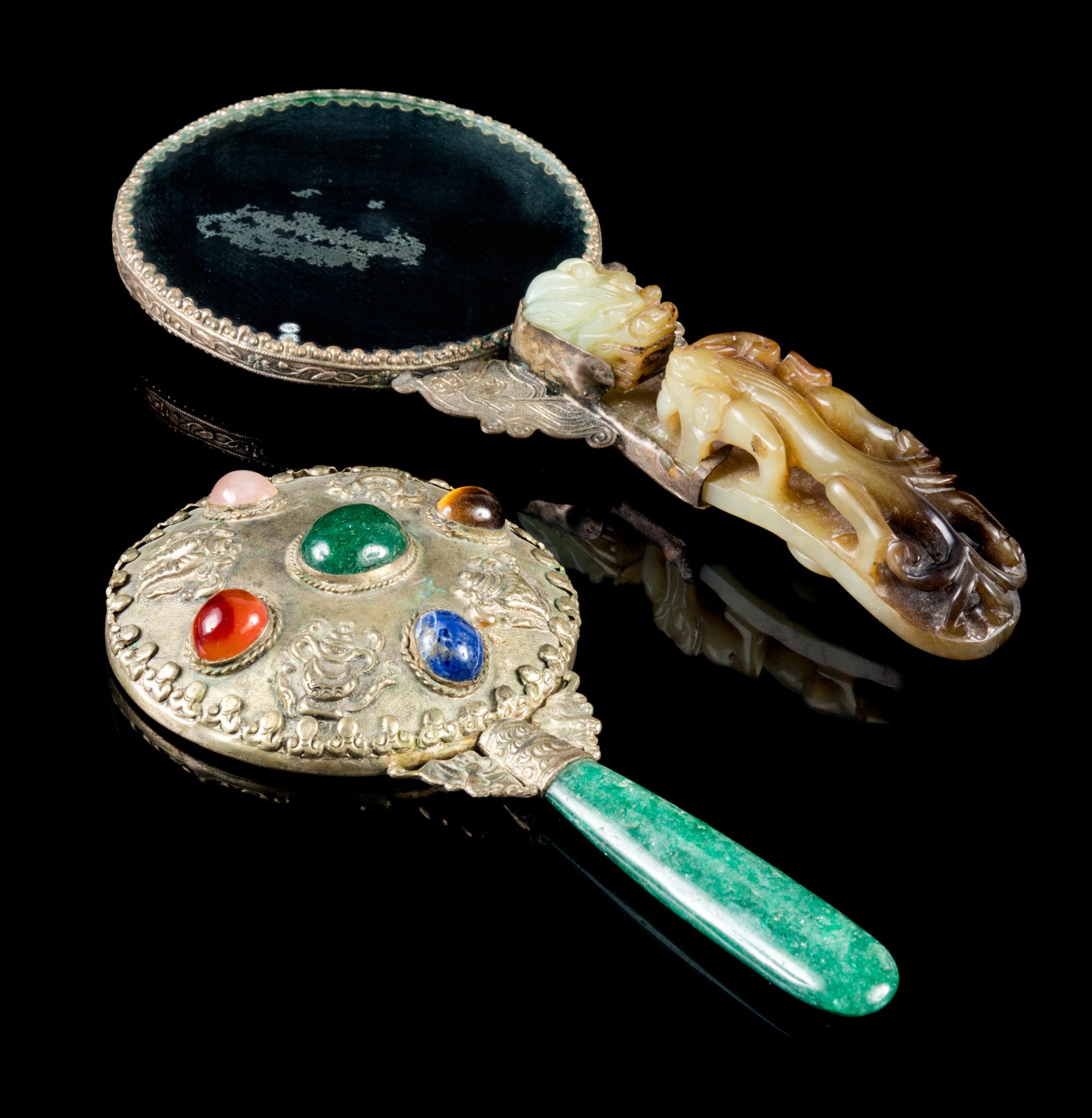 Two Hardstone Inset Silver Hand Mirrors Length of larger 9 inches. — LATE 19TH/EARLY 20TH CENTURY