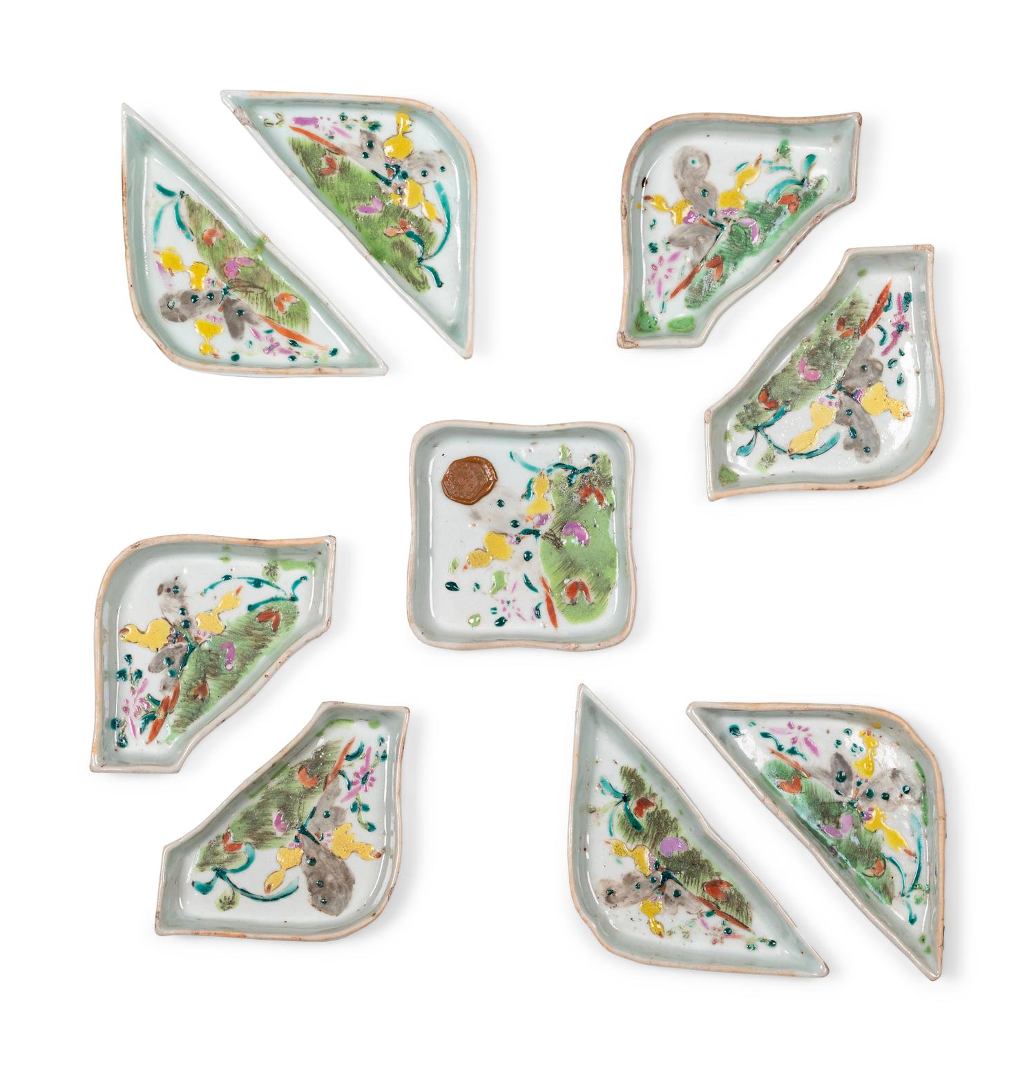 A Chinese Famille Rose Porcelain Sweet Meat Set and A Small Pair of Famille Rose Porcelain Cachepots