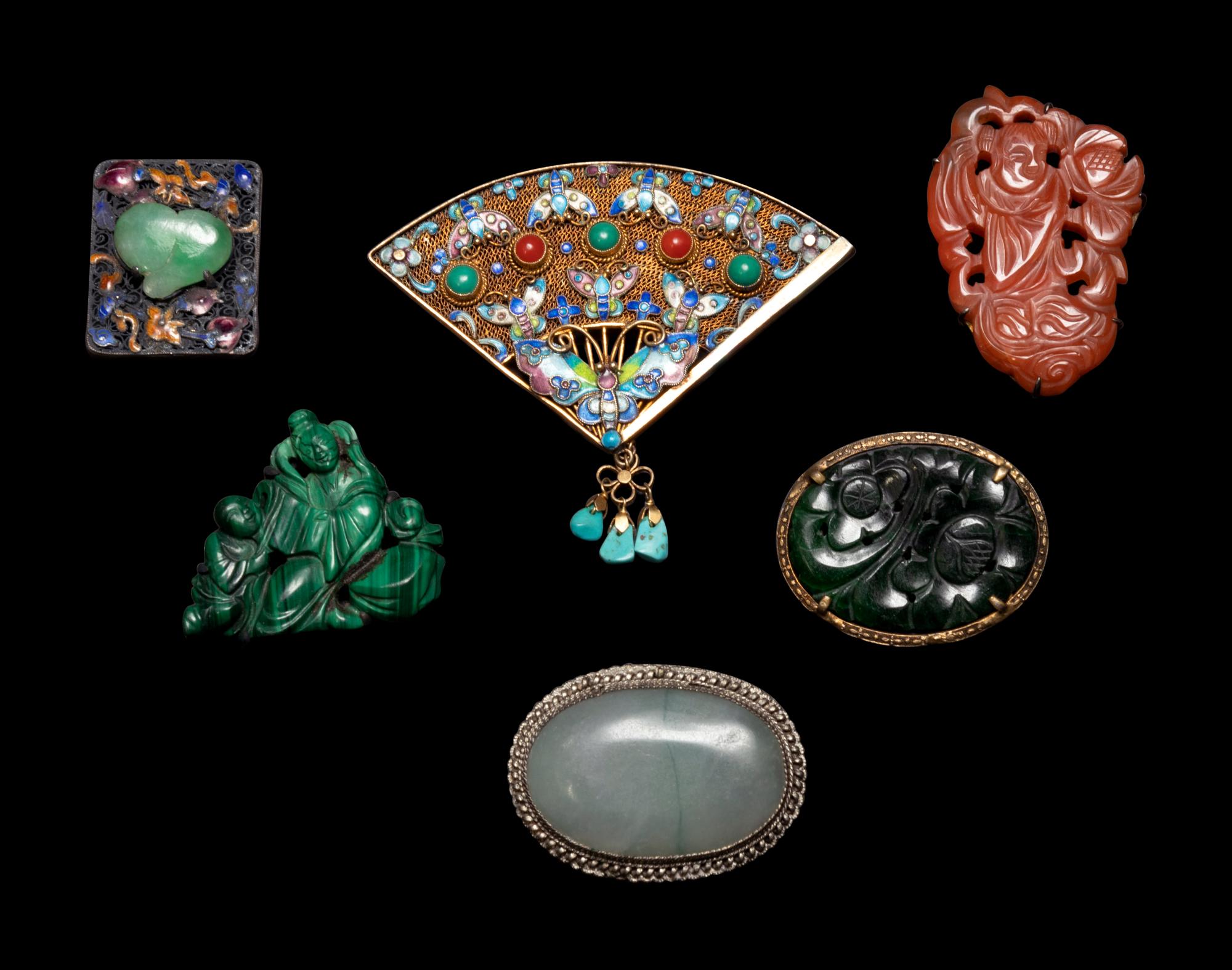 Eight Chinese Hardstone Inset Metal Jewelry