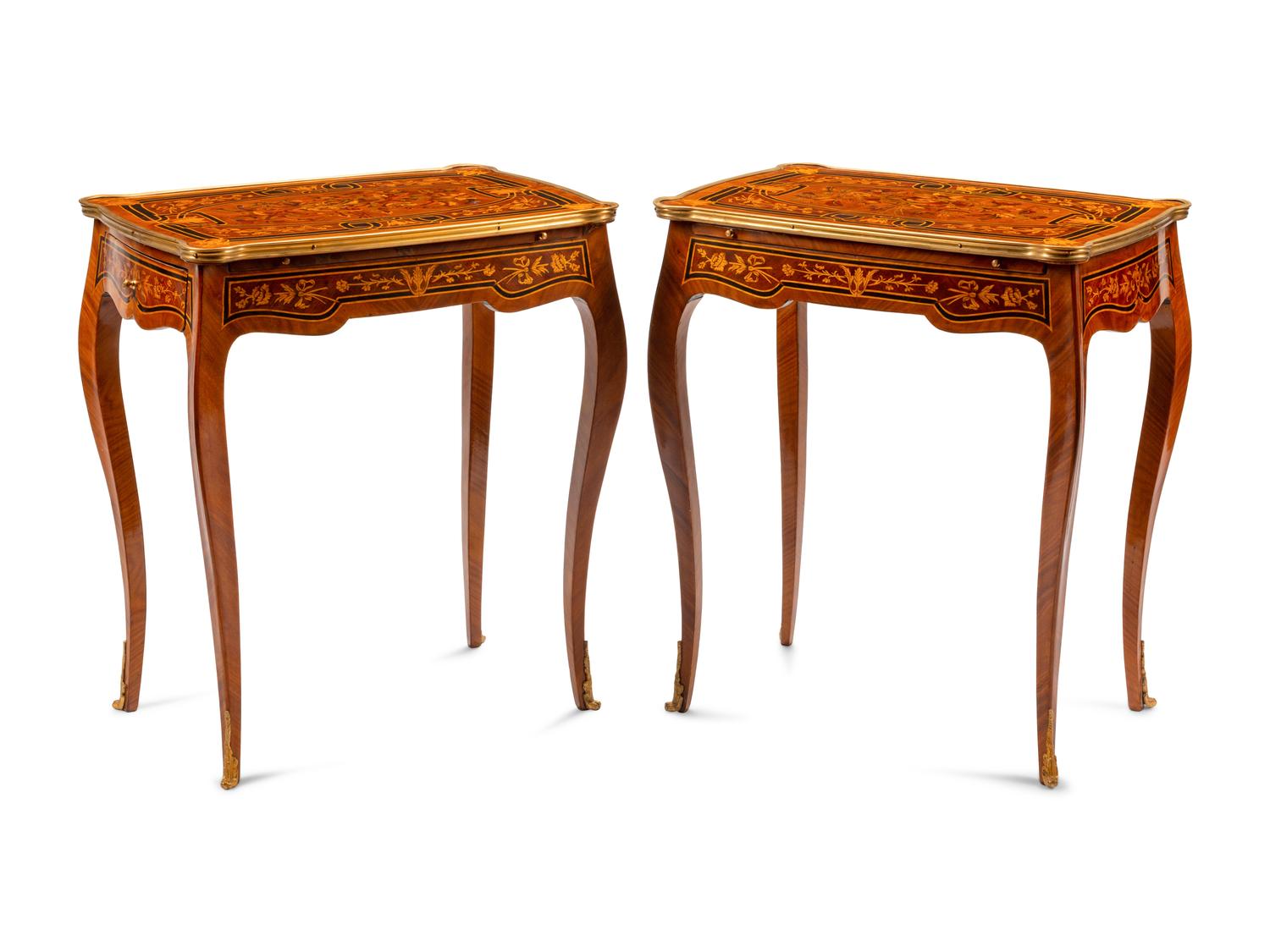 A Pair of Louis XV Style Gilt Bronze Mounted Marquetry Side Tables