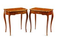 A Pair of Louis XV Style Gilt Bronze Mounted Marquetry Side Tables