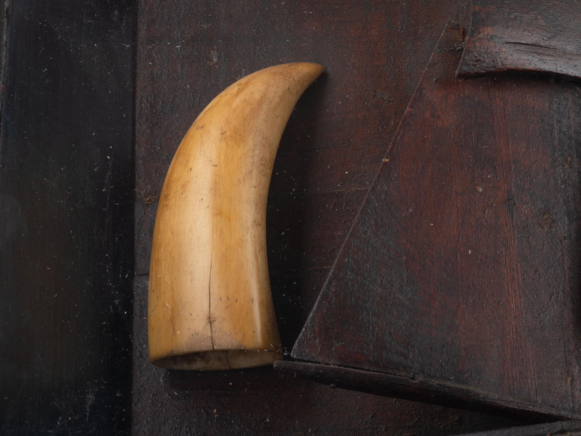A Carved Wood and Sperm Whale Tooth Whaling Ship Diorama