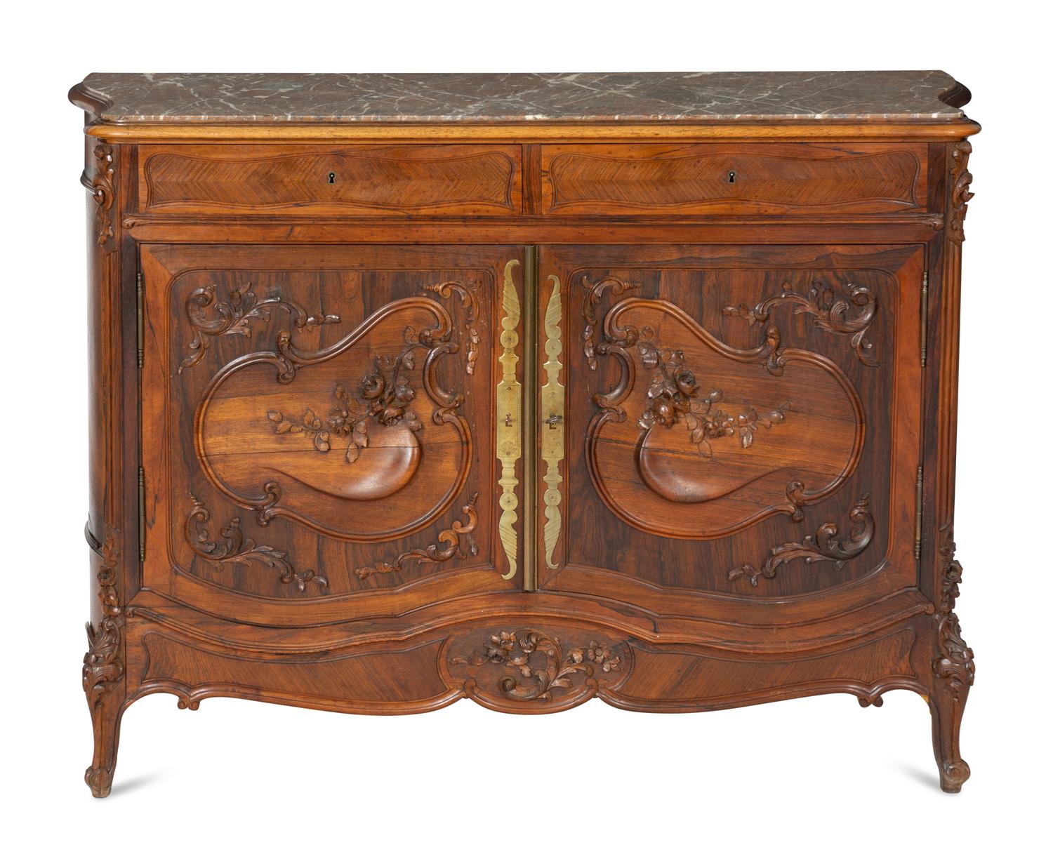 A Louis XV Style Walnut and Rosewood Marble-Top Serving Cabinet
