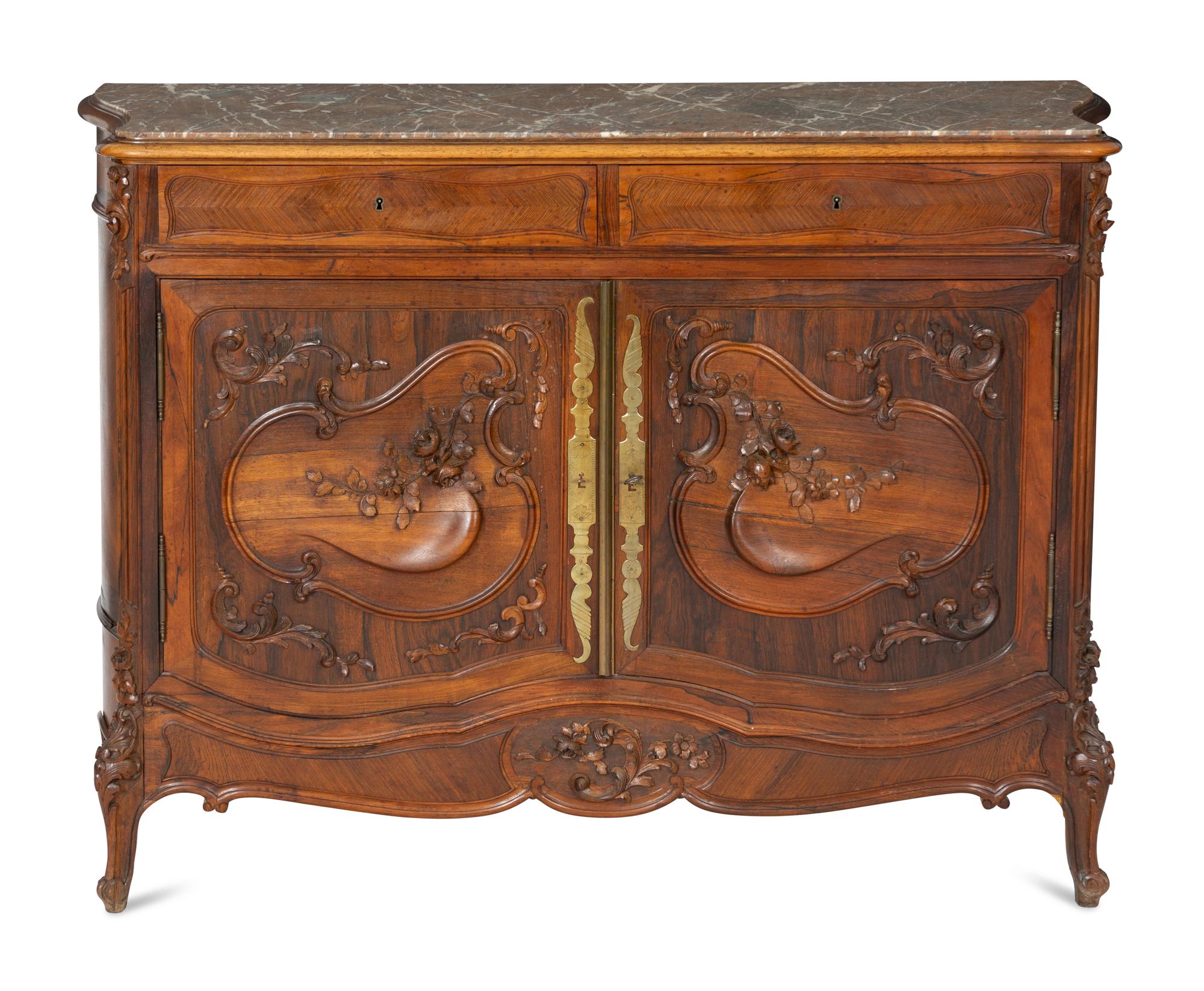 A Louis XV Style Walnut and Rosewood Marble-Top Serving Cabinet