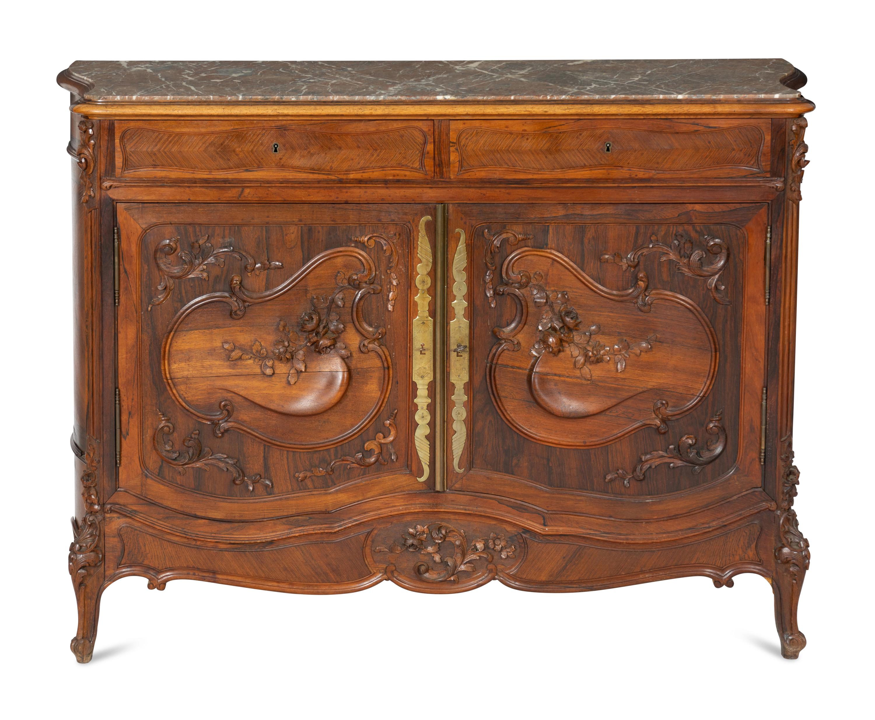 A Louis XV Style Walnut and Rosewood Marble-Top Serving Cabinet