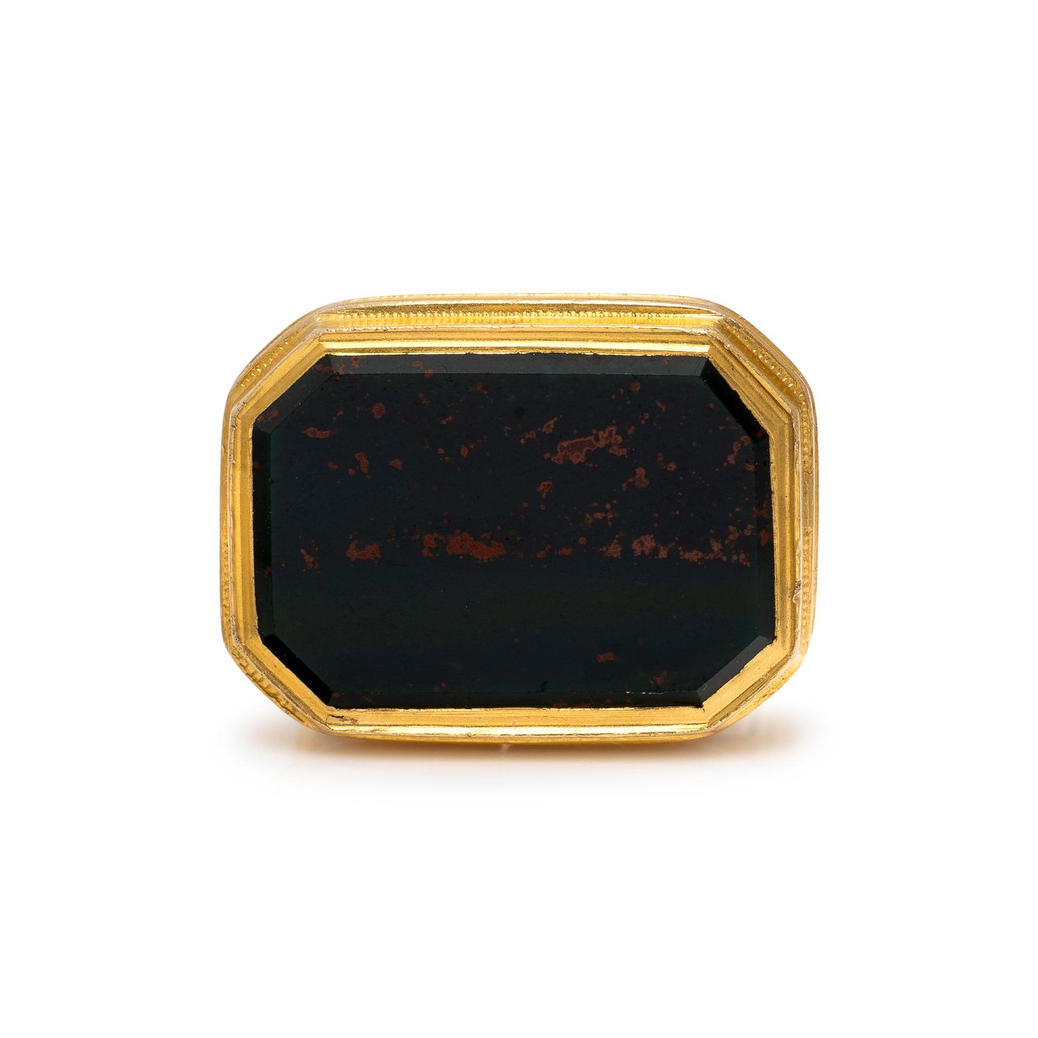 YELLOW GOLD, BLOODSTONE, AND ENAMEL FOB