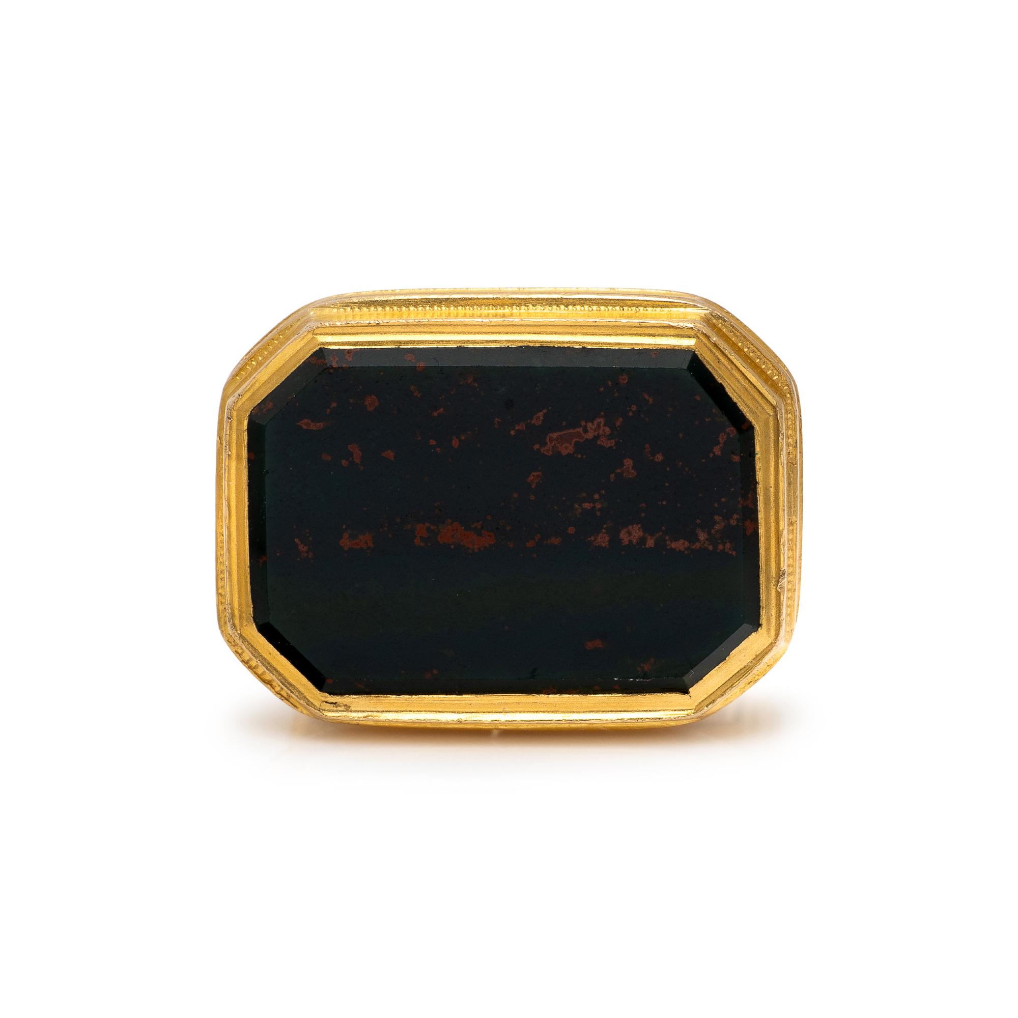 YELLOW GOLD, BLOODSTONE, AND ENAMEL FOB