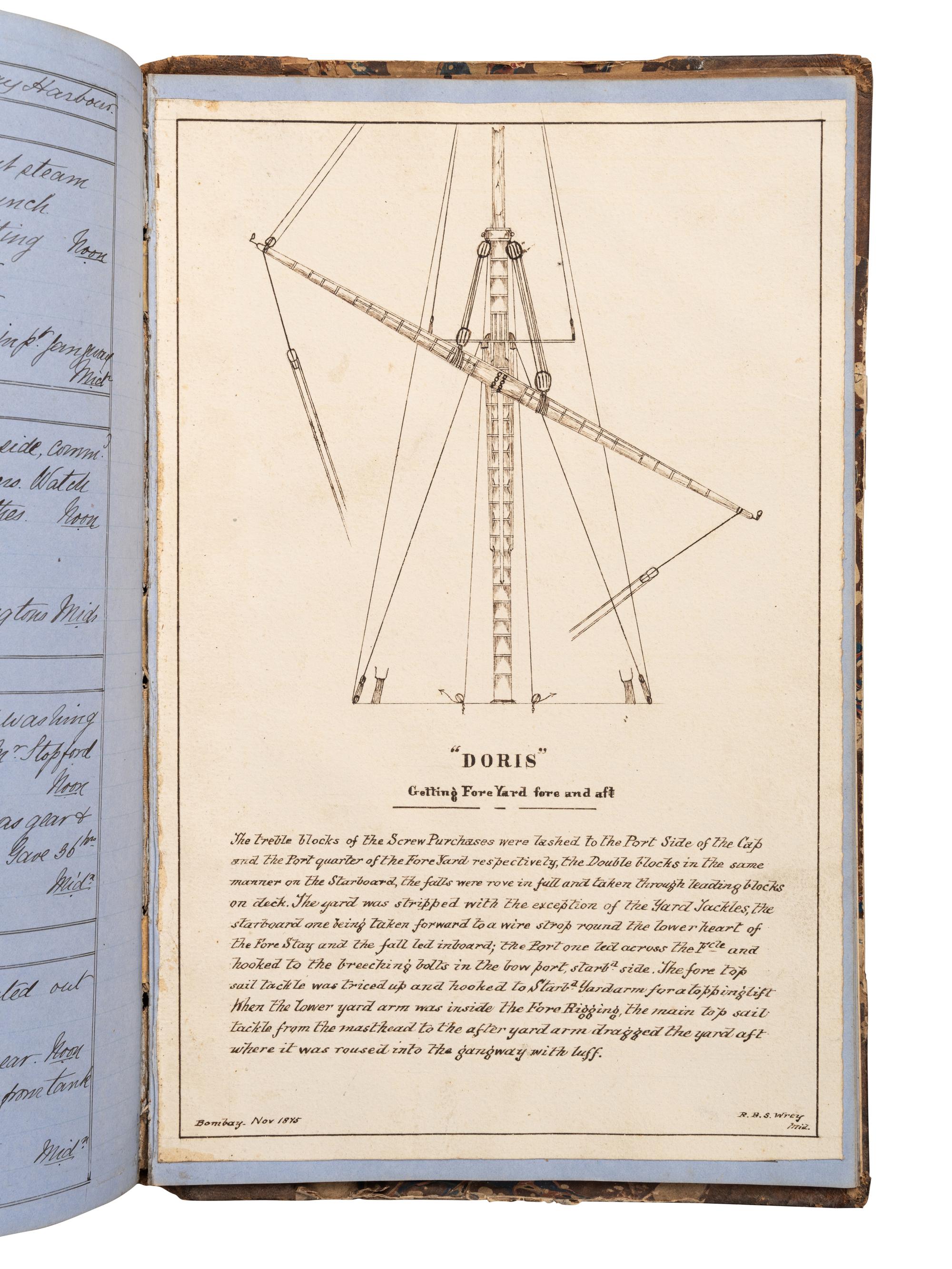 [NAVAL -- MANUSCRIPTS]. WREY, R. “Logs of HMS ‘Duke of Wellington’ Captain G. Hancock / ‘Inconstant’ Captain C. L. D. Waddilove. / ‘Doris’ Captain W. H. Edye…kept by R. Wrey [signed], Midshipman.” [1870-1876].