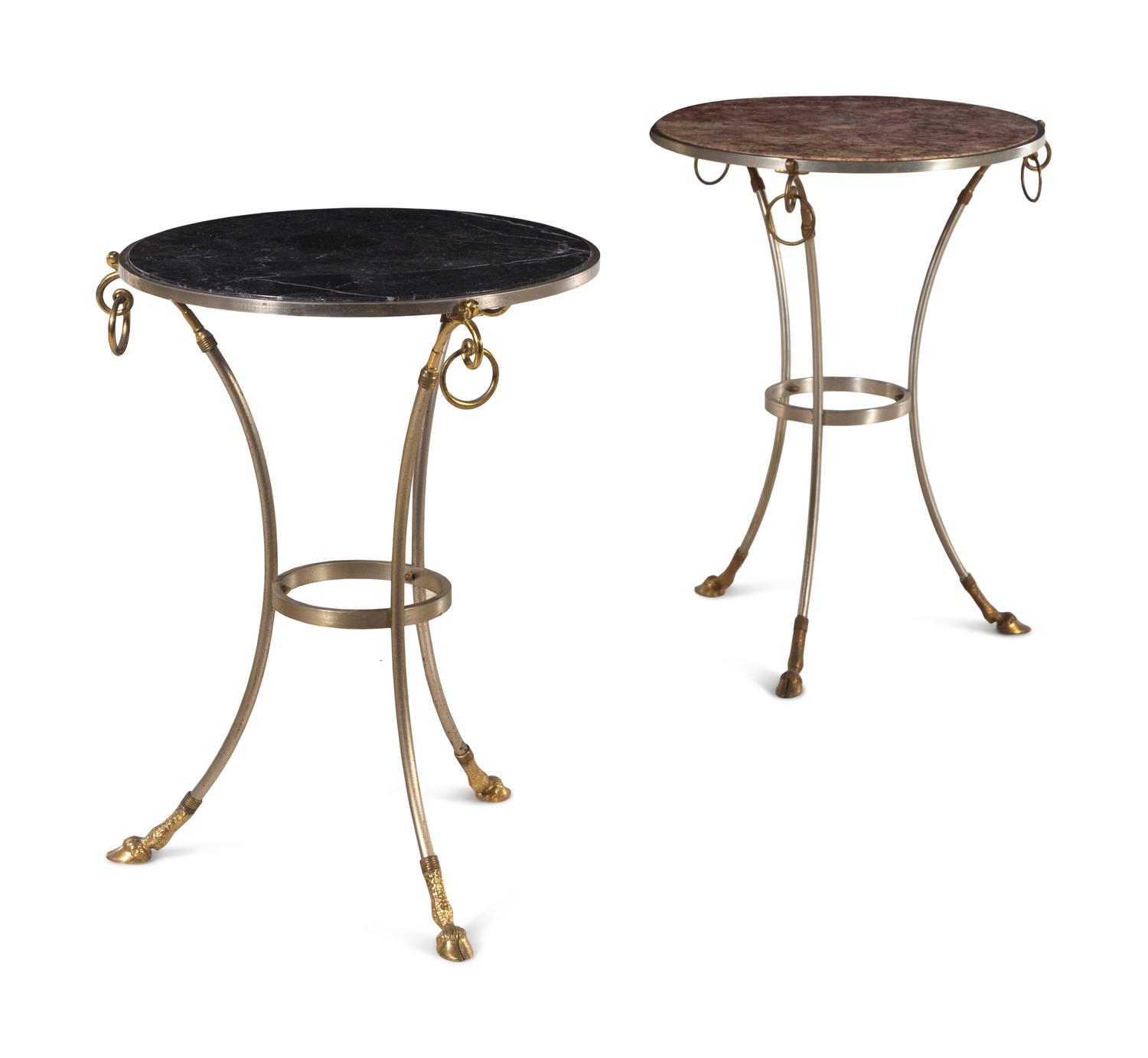 A Near Pair of Steel and Brass Marble-Top Tables