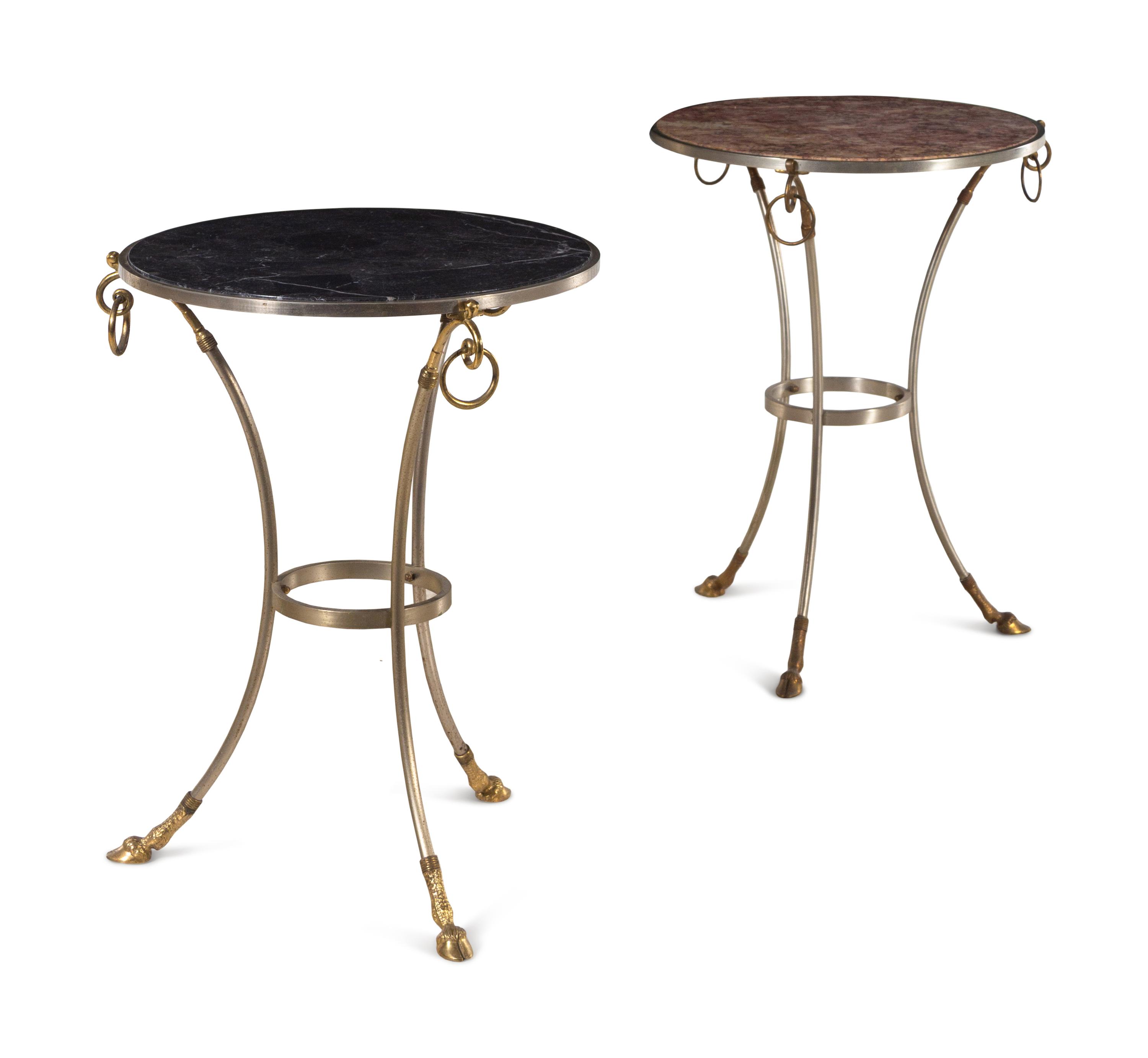 A Near Pair of Steel and Brass Marble-Top Tables