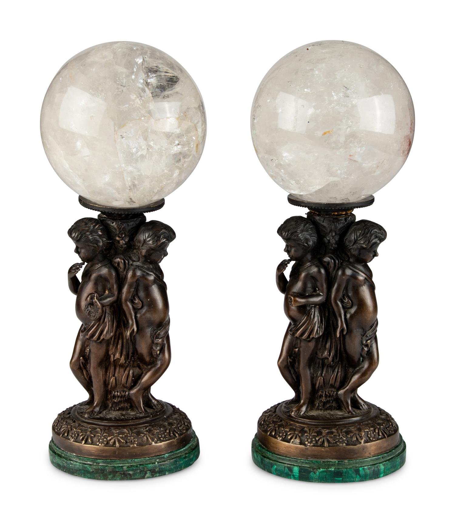 A Pair of Rock Crystal and Patinated Bronze Table Ornaments