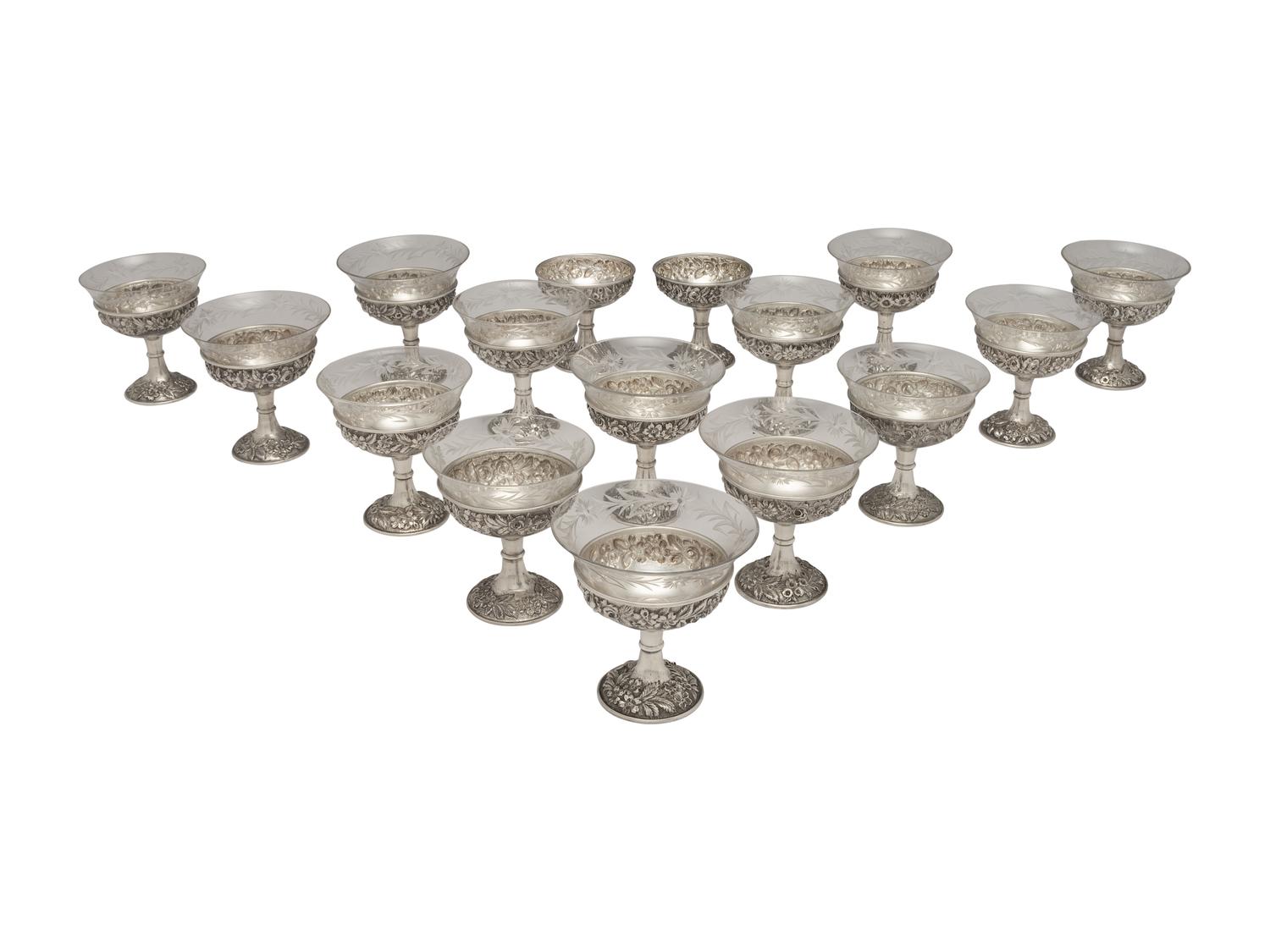 Sixteen American Repousse Silver Dessert Cups