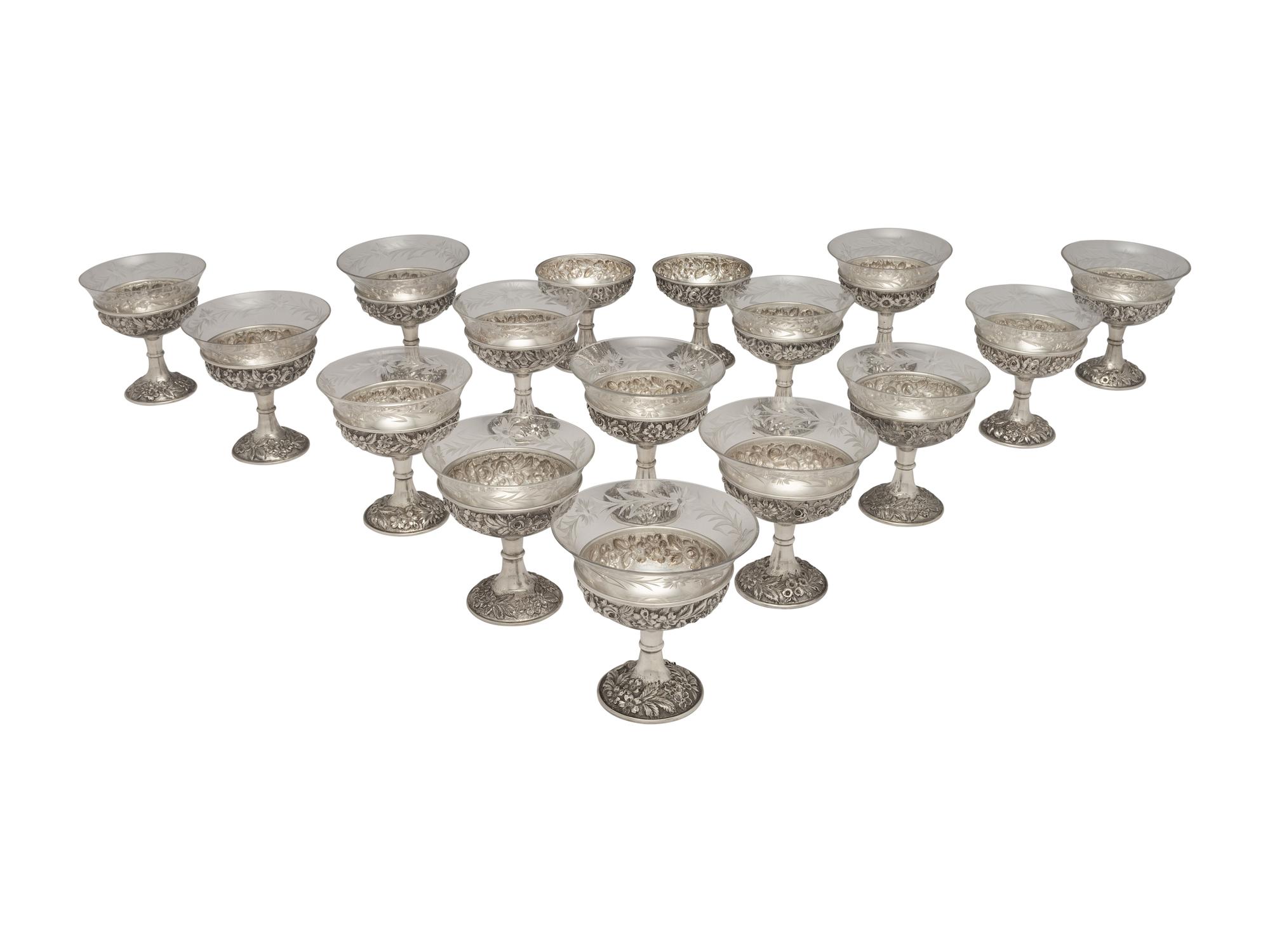 Sixteen American Repousse Silver Dessert Cups