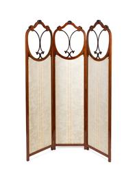 An Edwardian Carved and Inlaid Mahogany Four Panel Floor Screen