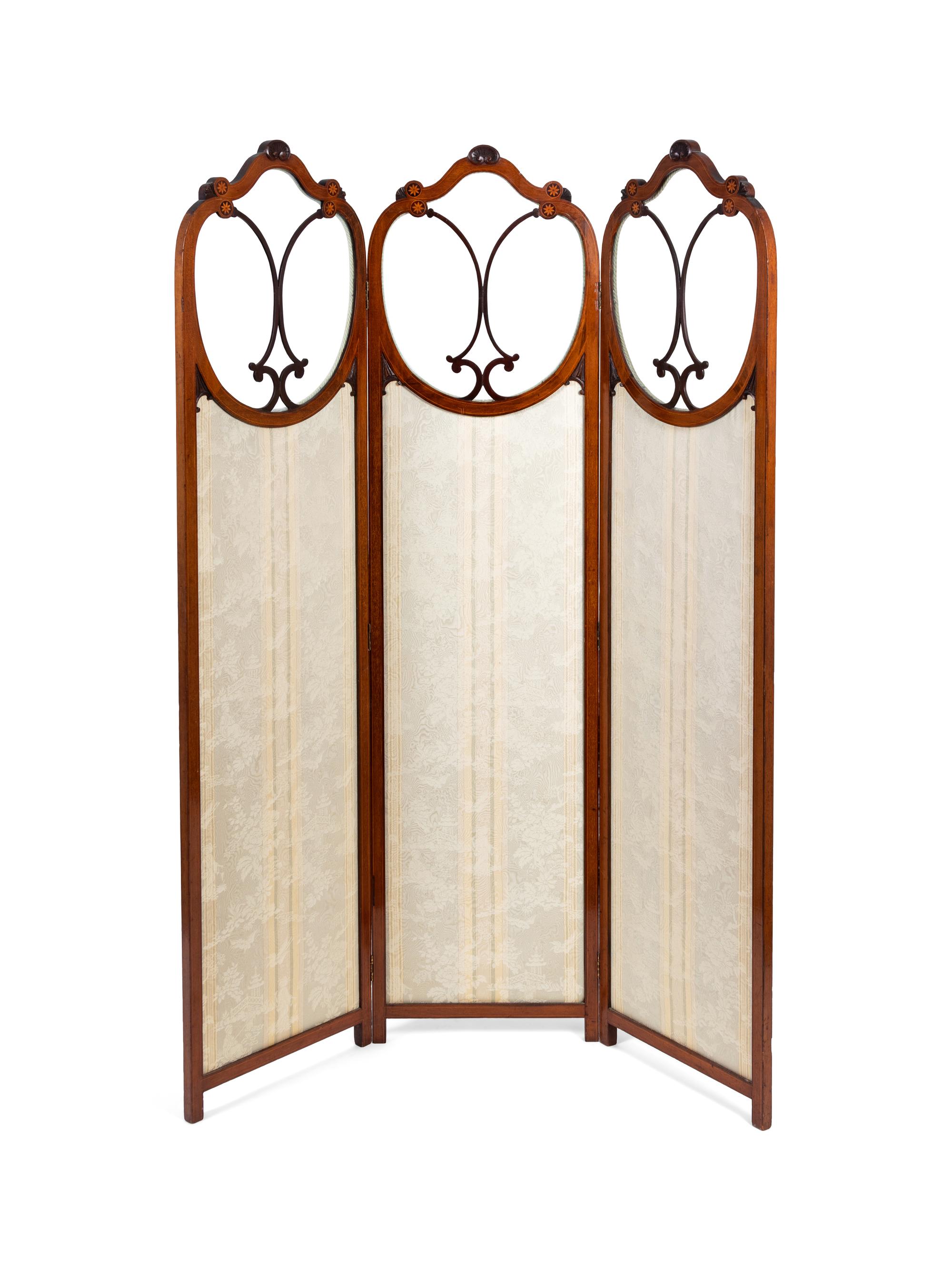 An Edwardian Carved and Inlaid Mahogany Four Panel Floor Screen