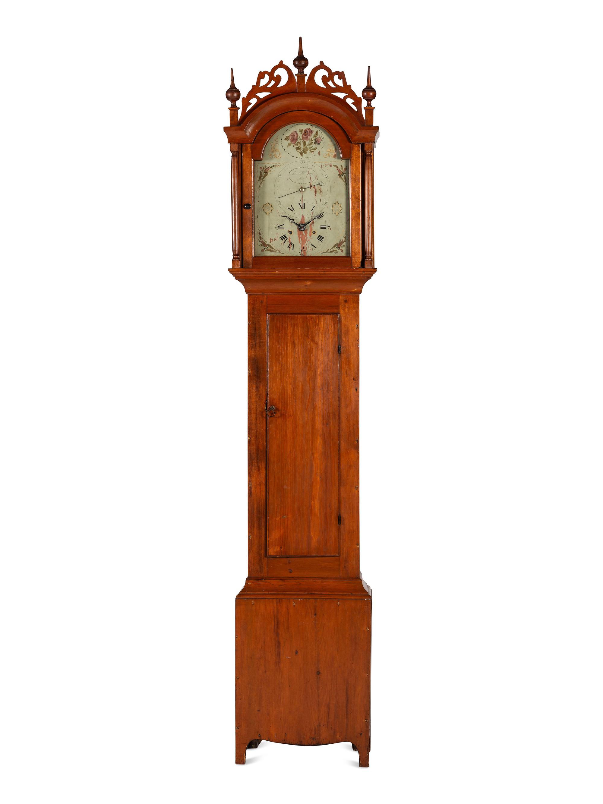 A Federal Fret Carved Pine Tall Case Clock