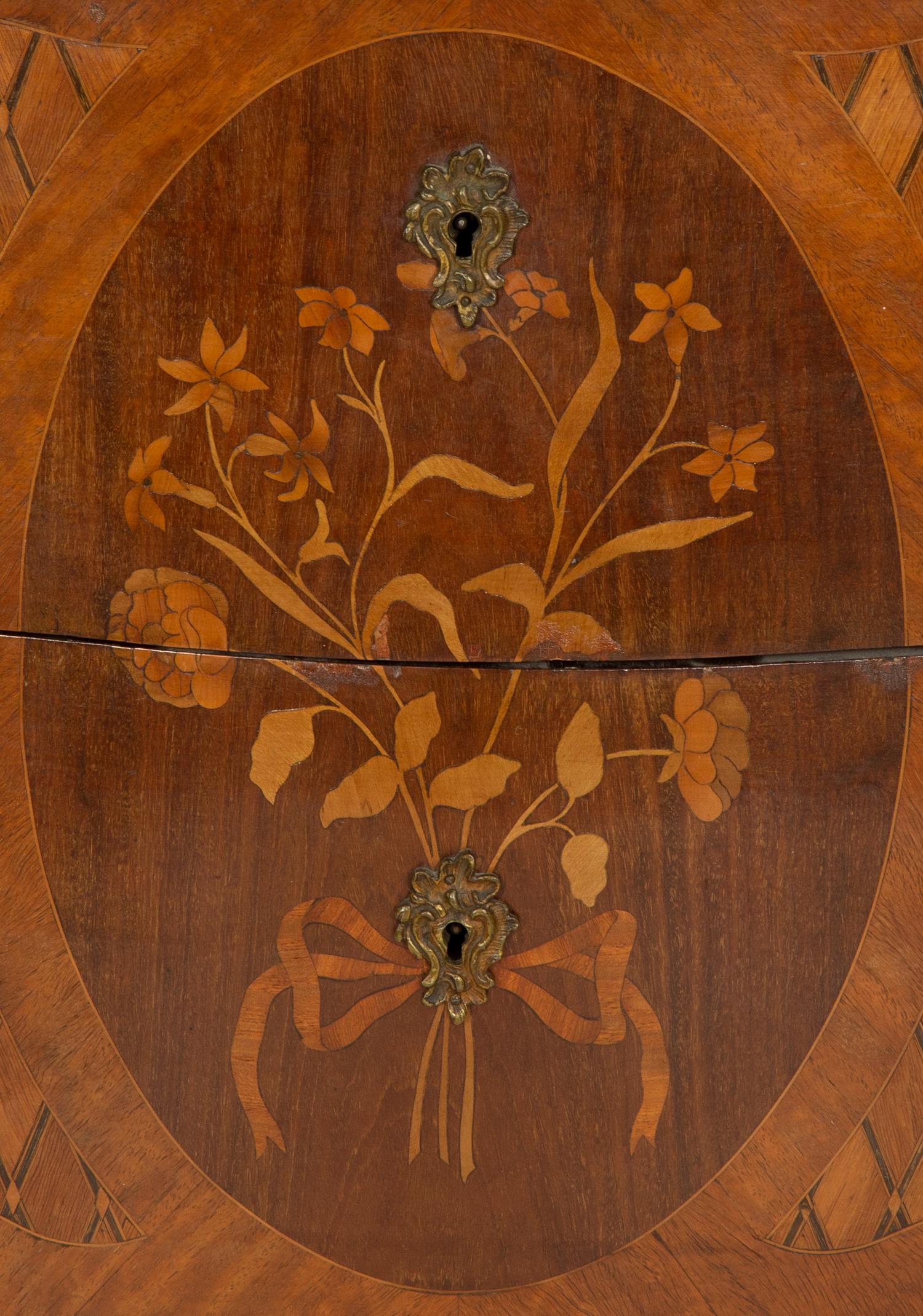 A Louis XV Style Gilt Metal-Mounted Tulipwood Marquetry Marble-Top Commode