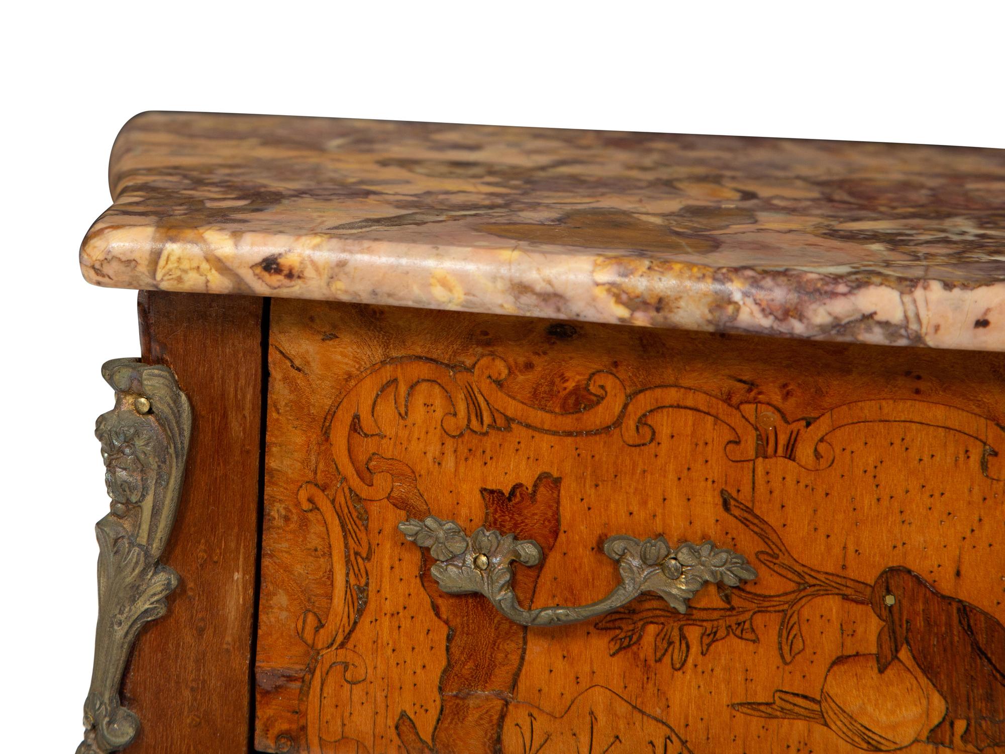 A Diminutive Louis XV Style Marquetry Marble-Top Commode