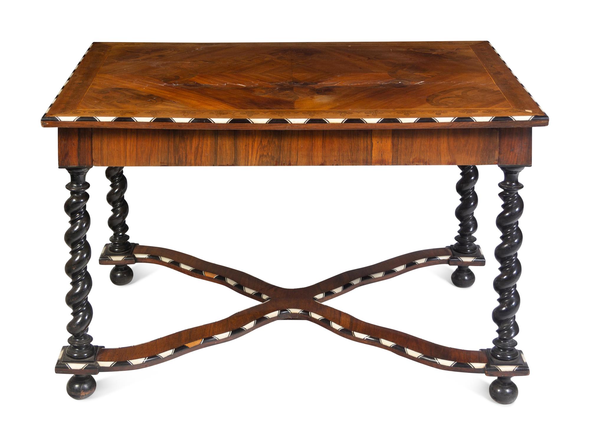 A Northern Italian Bone Inlaid Marquetry, Walnut and Ebony Center Table