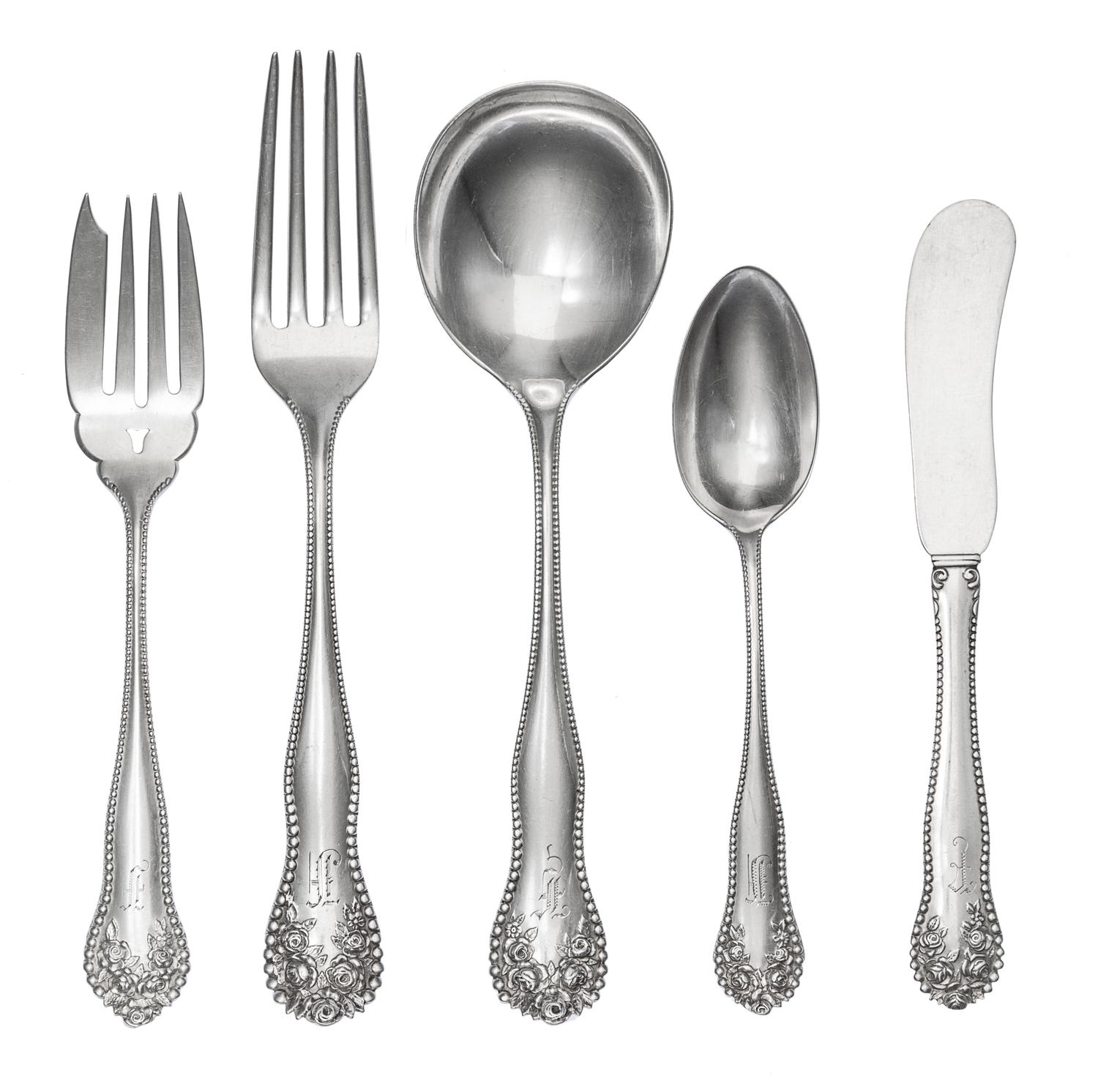 An American Silver Flatware Service, Gorham Mfg. Co., Providence, RI, 1882, Lancaster pattern, comprising: 12 dinner forks 11 salad for