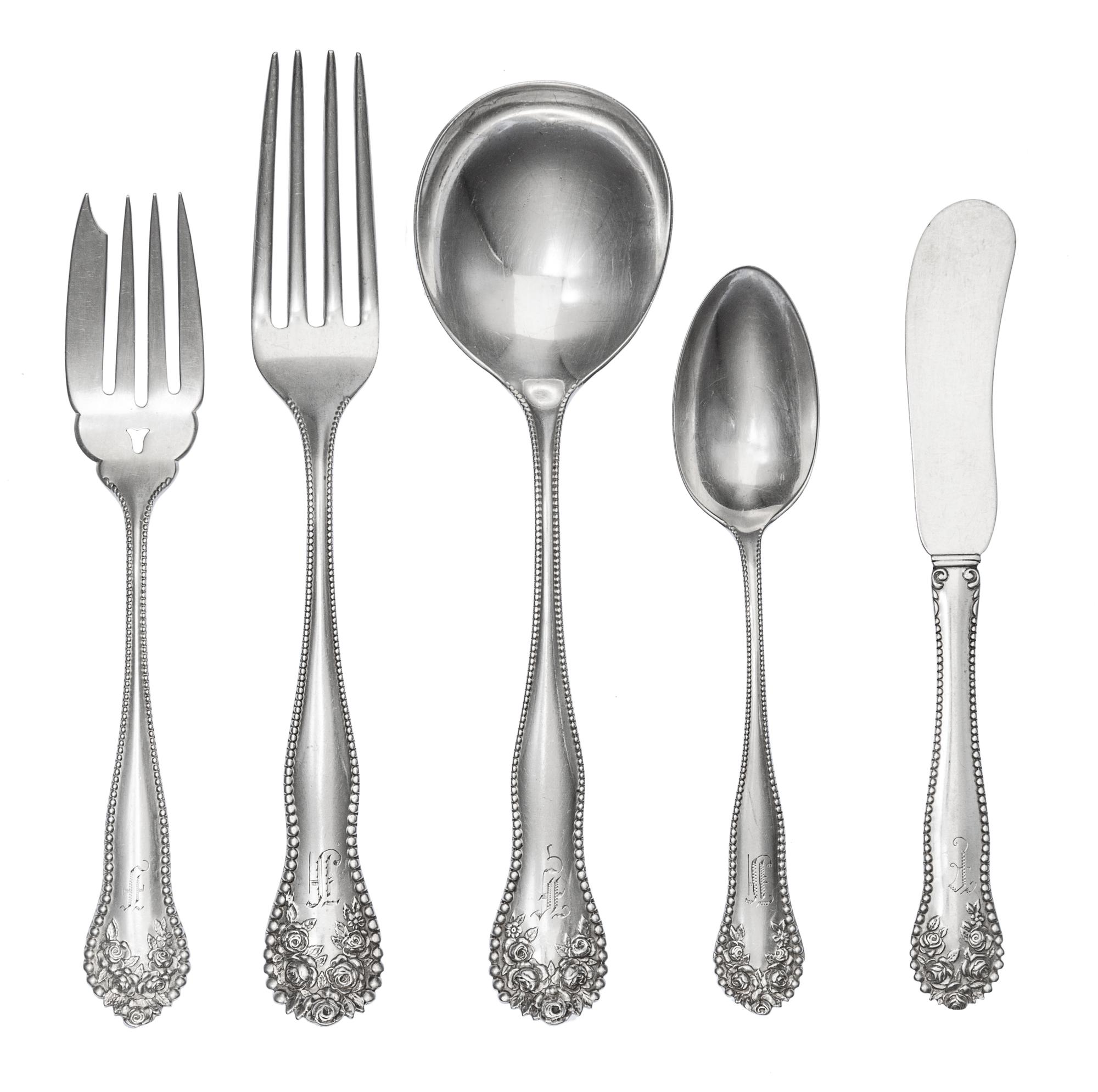 An American Silver Flatware Service, Gorham Mfg. Co., Providence, RI, 1882, Lancaster pattern, comprising: 12 dinner forks 11 salad for