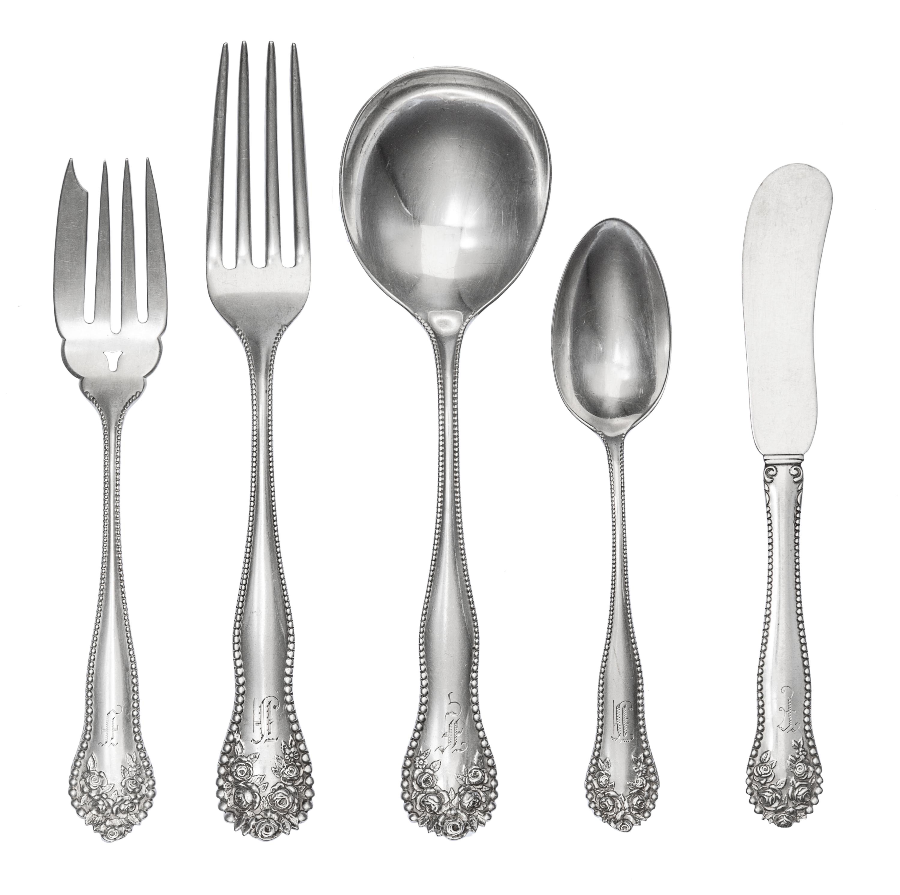 An American Silver Flatware Service, Gorham Mfg. Co., Providence, RI, 1882, Lancaster pattern, comprising: 12 dinner forks 11 salad for