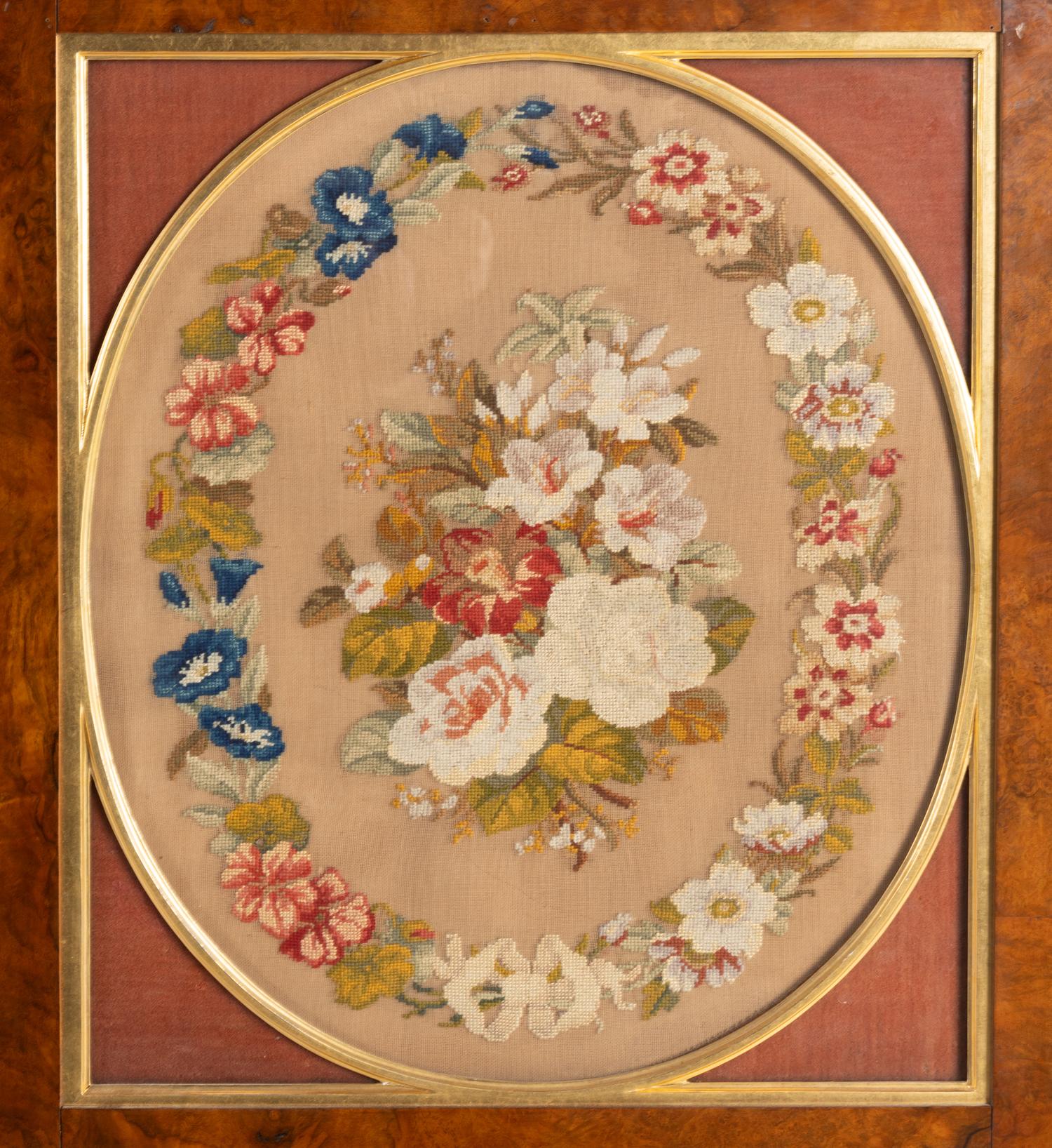 A Regency Style Needlepoint Panel Inset Burlwood Four-Panel Floor Screen