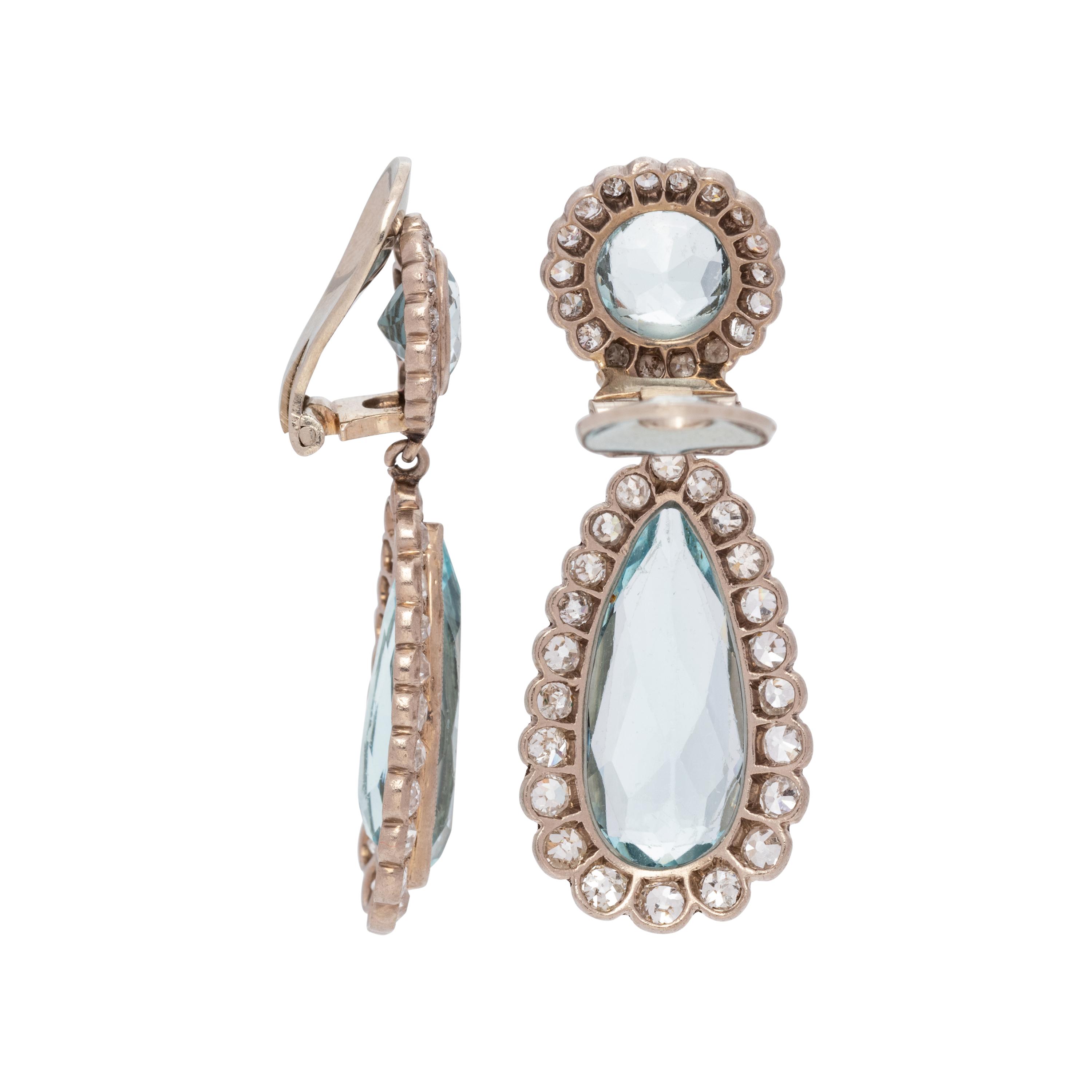 ANTIQUE, AQUAMARINE AND DIAMOND EARCLIPS