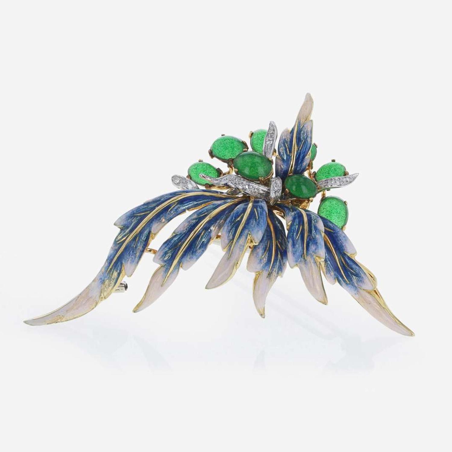 Multicolor Enamel, Colored Stone, and 18K Gold Paradise Flower Brooch