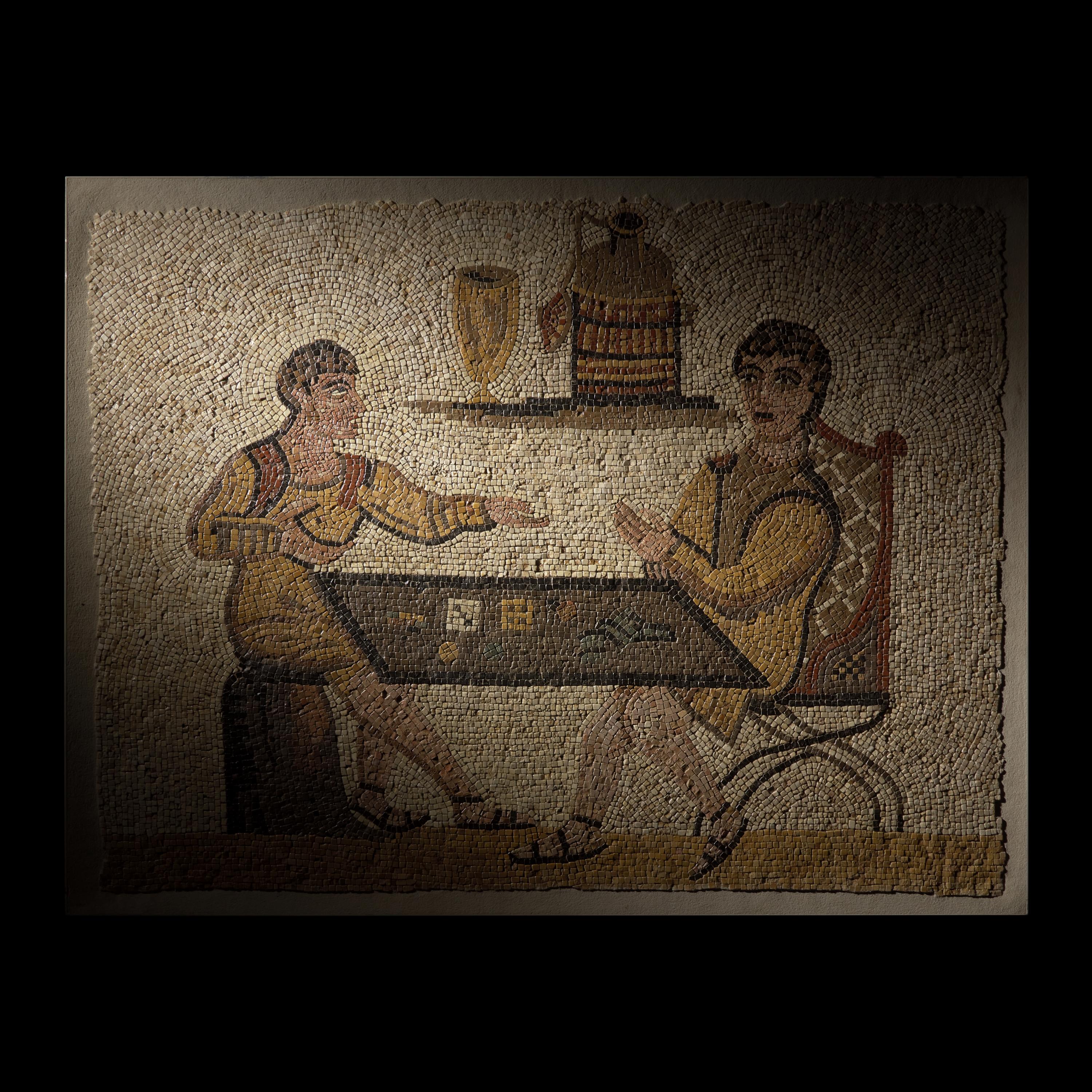 A Roman Style Stone Mosaic Panel with Men Playing a Dice Game