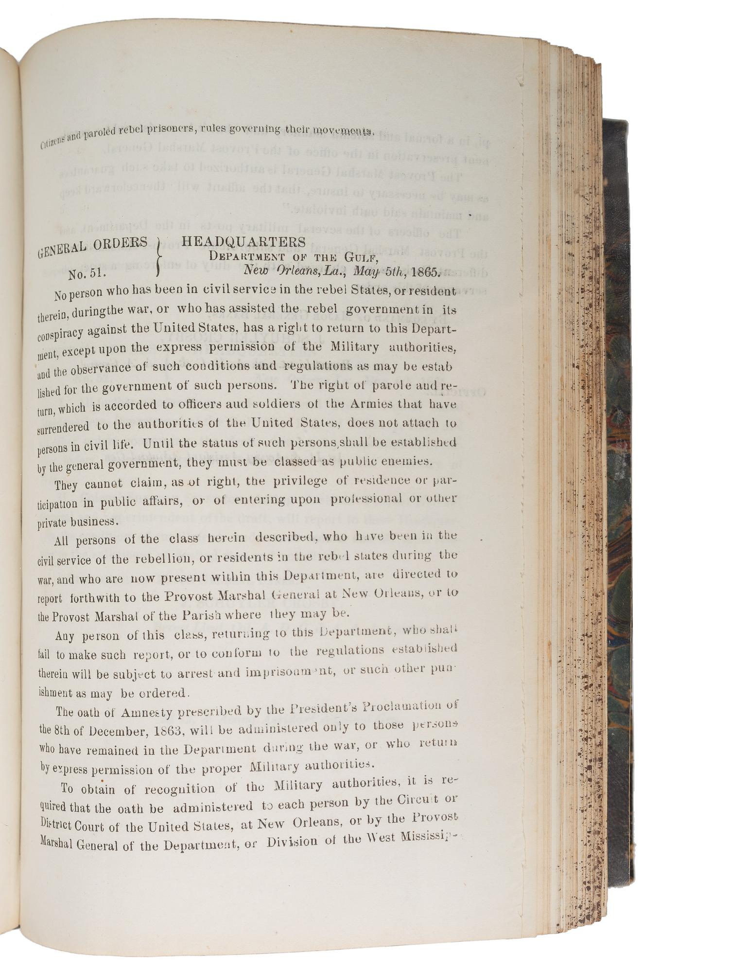 [CIVIL WAR]. Bound volume of General Orders and Circulars issued by the Department of the Gulf including orders related to Colored Troops, Freedmen, and Lincoln's Assassination, 1865.