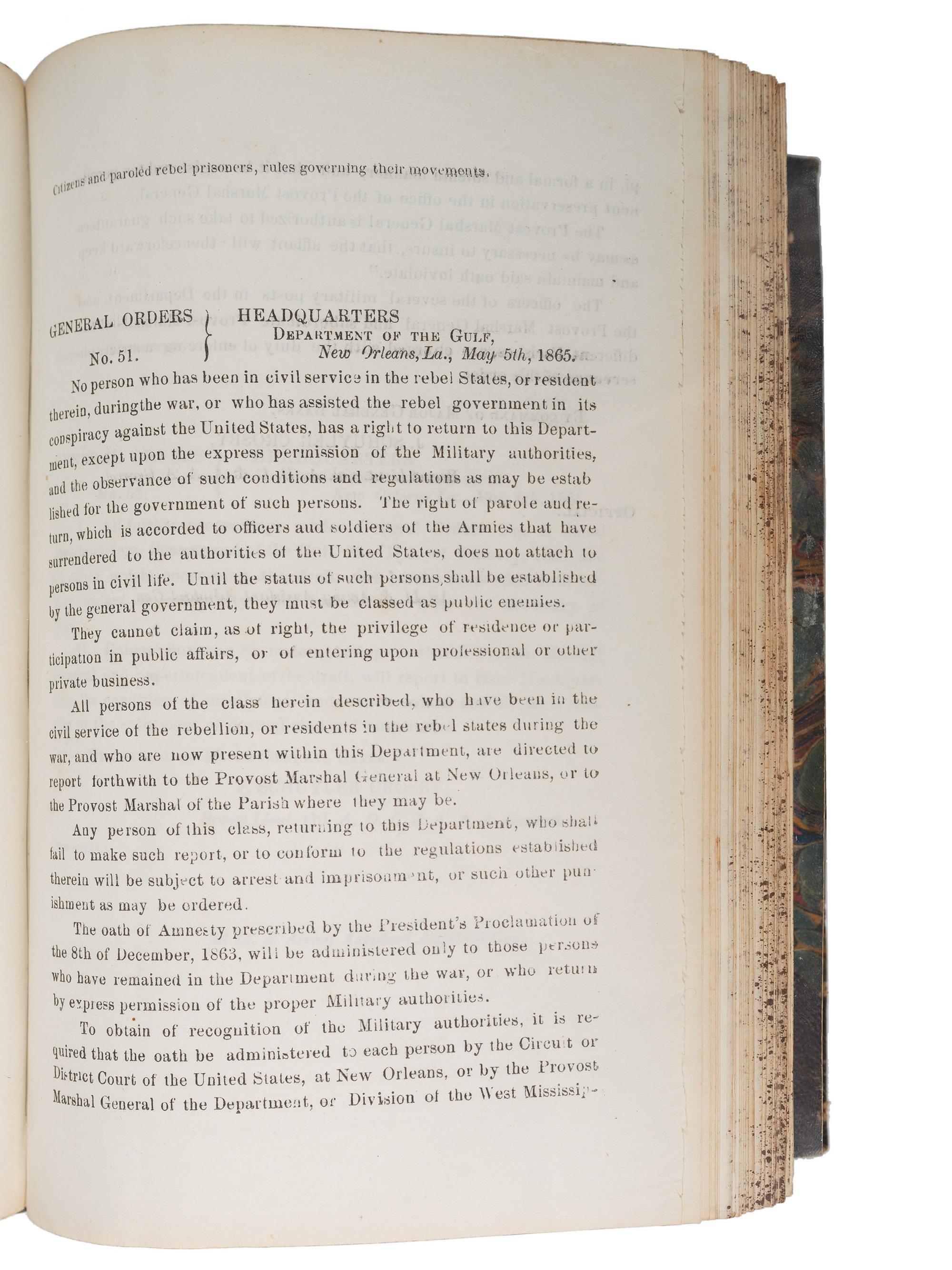 [CIVIL WAR]. Bound volume of General Orders and Circulars issued by the Department of the Gulf including orders related to Colored Troops, Freedmen, and Lincoln's Assassination, 1865.