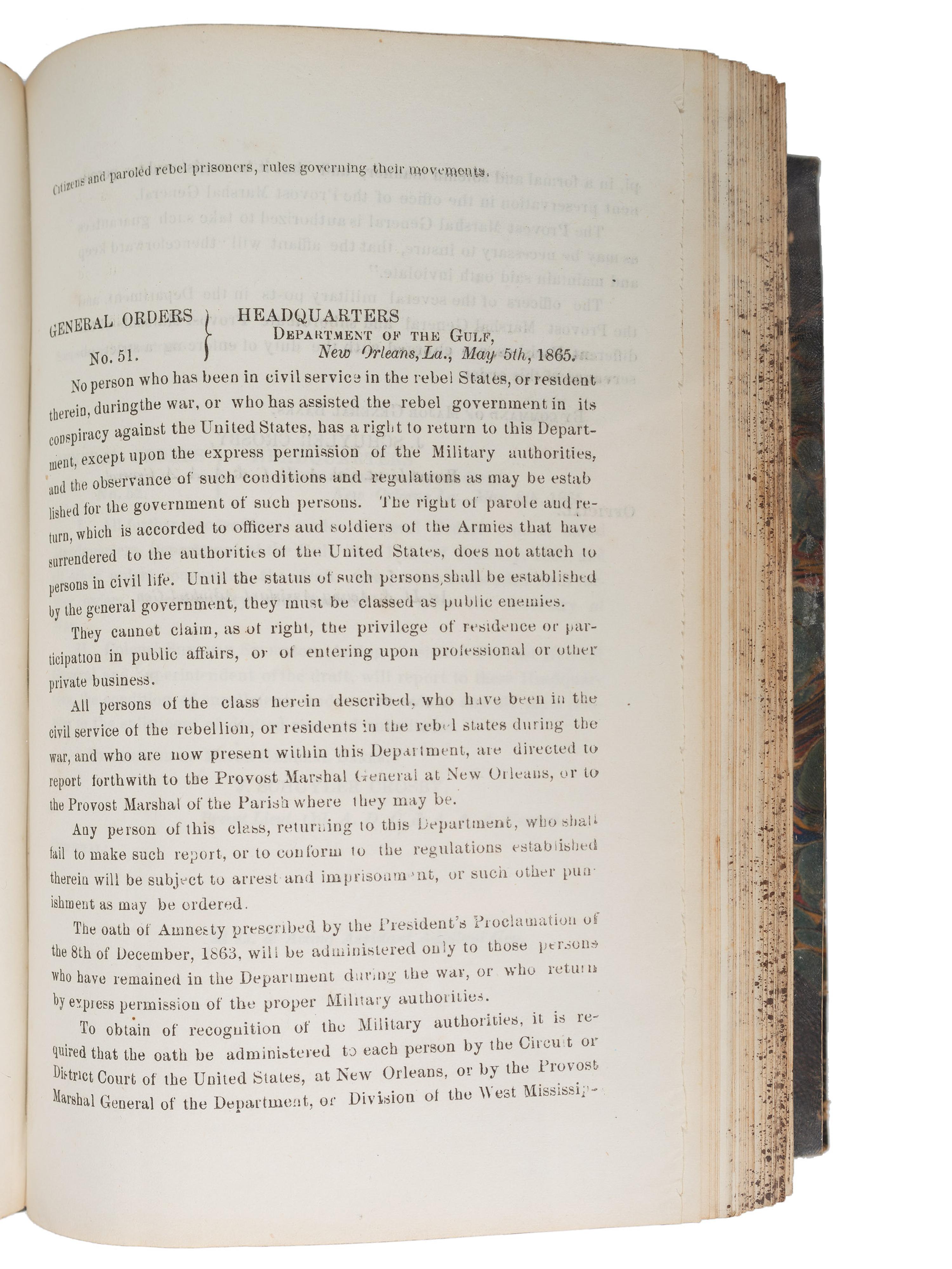 [CIVIL WAR]. Bound volume of General Orders and Circulars issued by the Department of the Gulf including orders related to Colored Troops, Freedmen, and Lincoln's Assassination, 1865.