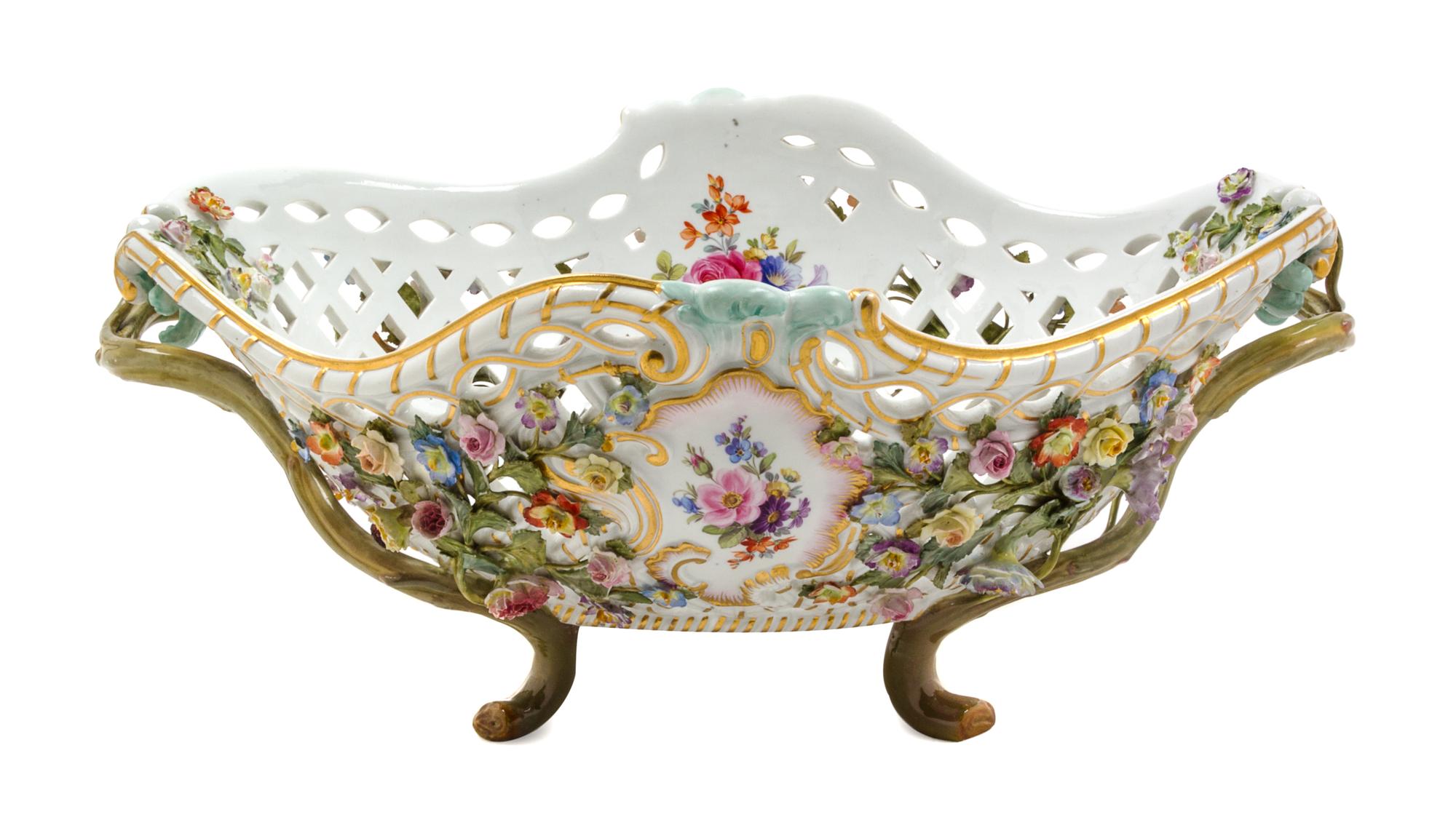 A Meissen Porcelain Centerpiece Basket Height 6 1/2 x width over handles 16 1/2 x depth 12 inches. — 20TH CENTURY