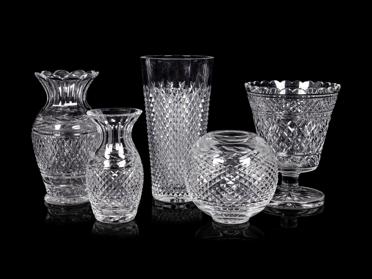 Five Waterford Cut Glass Vases