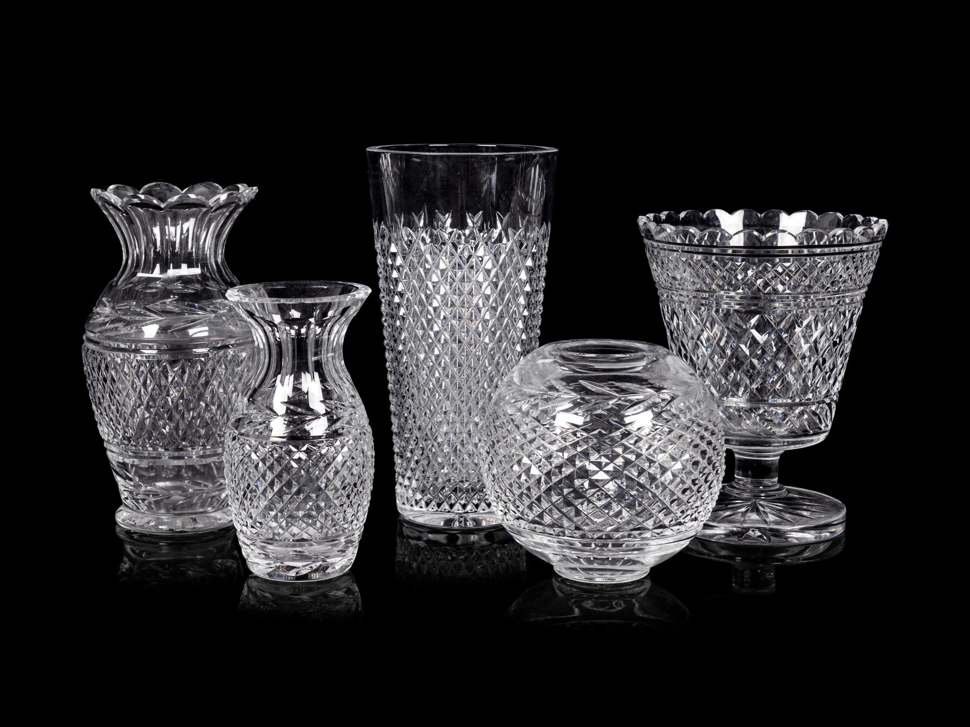 Five Waterford Cut Glass Vases