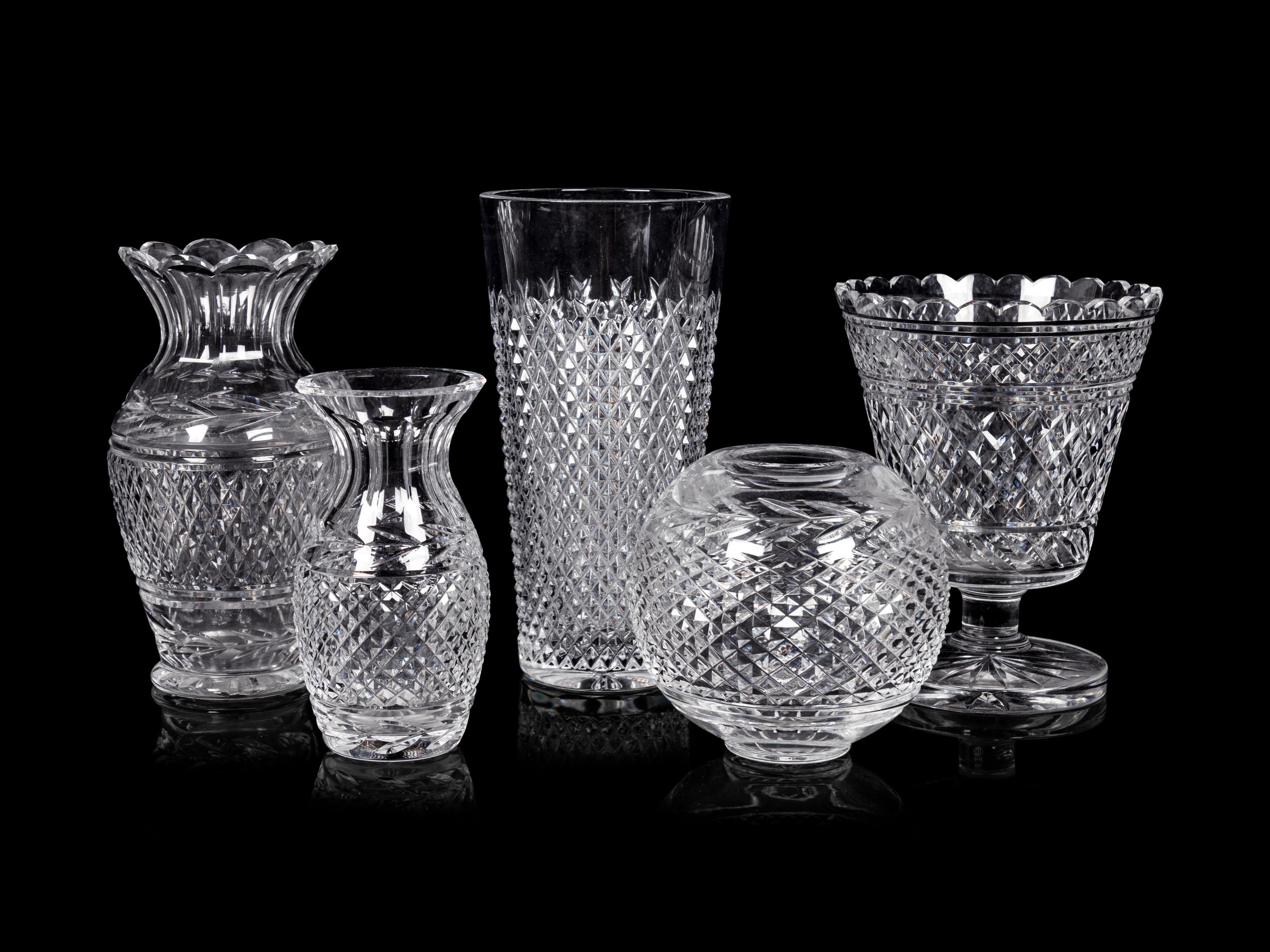 Five Waterford Cut Glass Vases