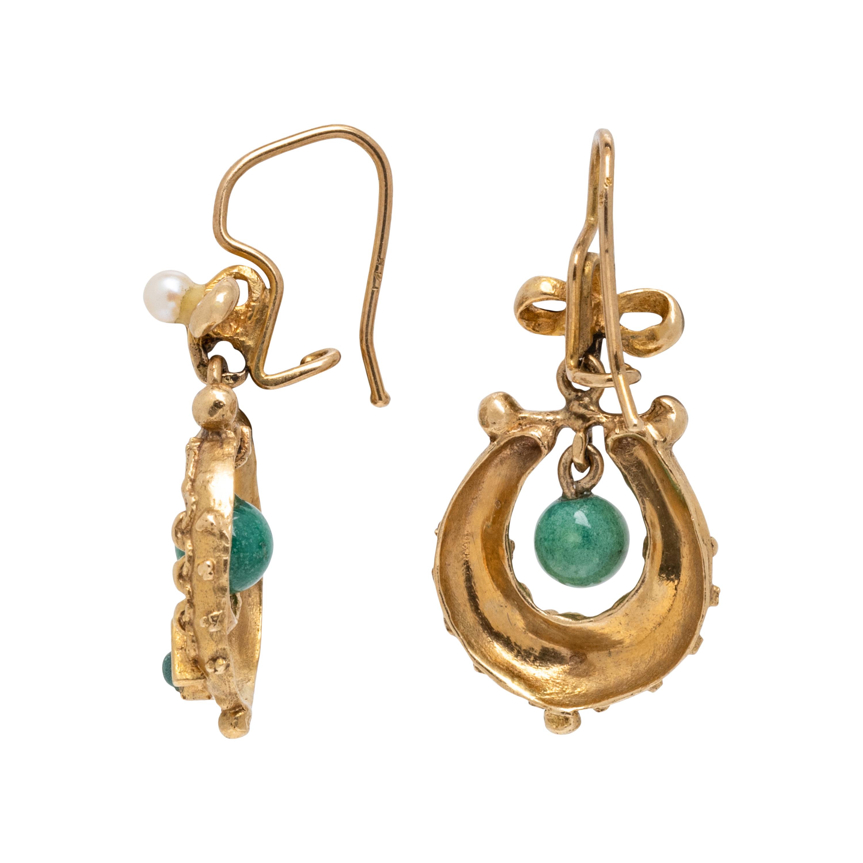 Yellow Gold, Seed Pearl, and Hardstone Earrings